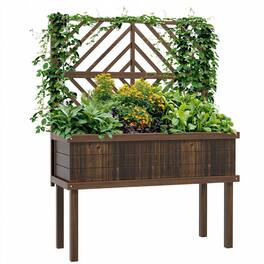 RYHNUYNE - Outsunny Raised Garden Bed with Trellis for Climbing Plants, Carbonized Fir Wood Planter with Legs, Drainage Holes - Brown