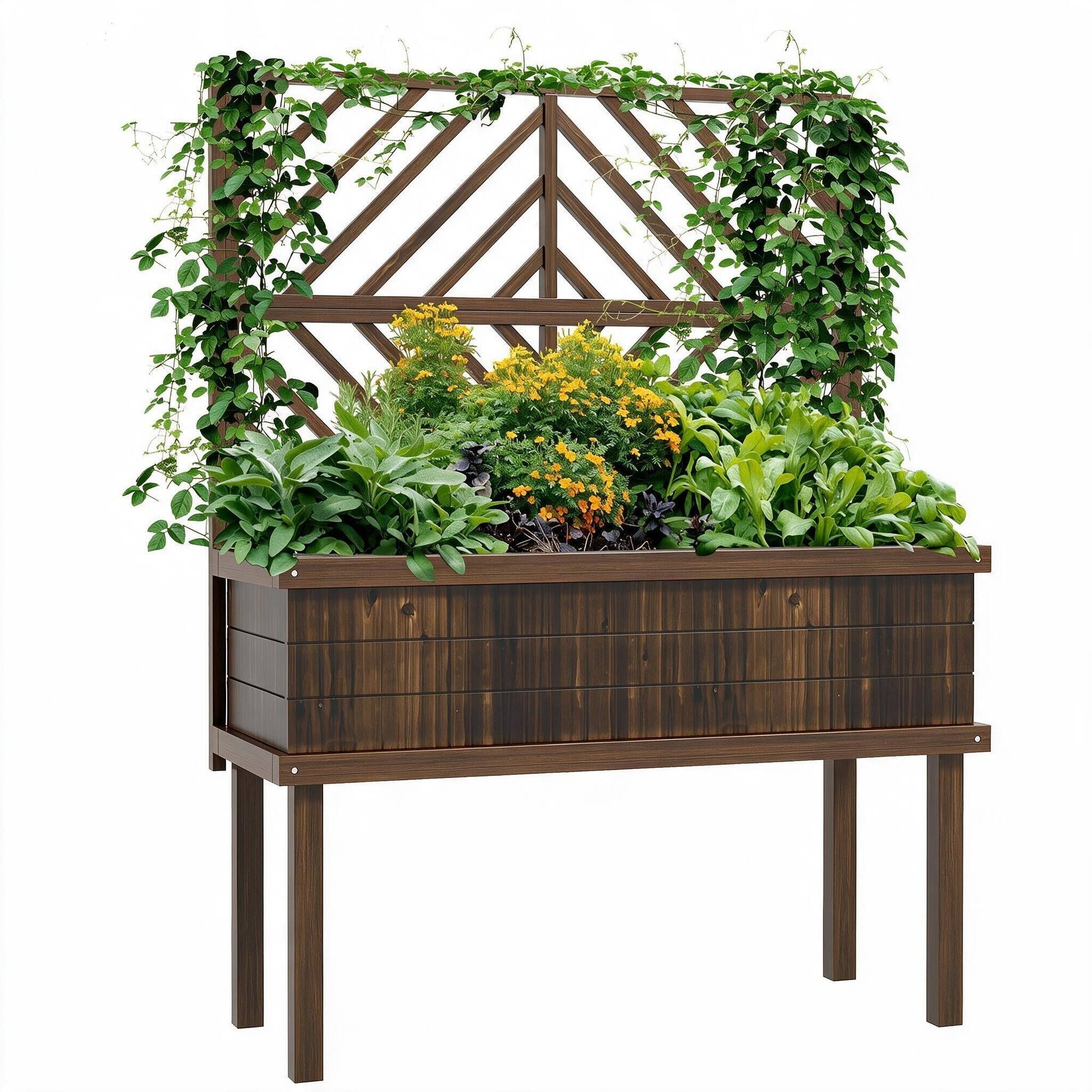 Front. RYHNUYNE - Outsunny Raised Garden Bed with Trellis for Climbing Plants, Carbonized Fir Wood Planter with Legs, Drainage Holes - Brown.