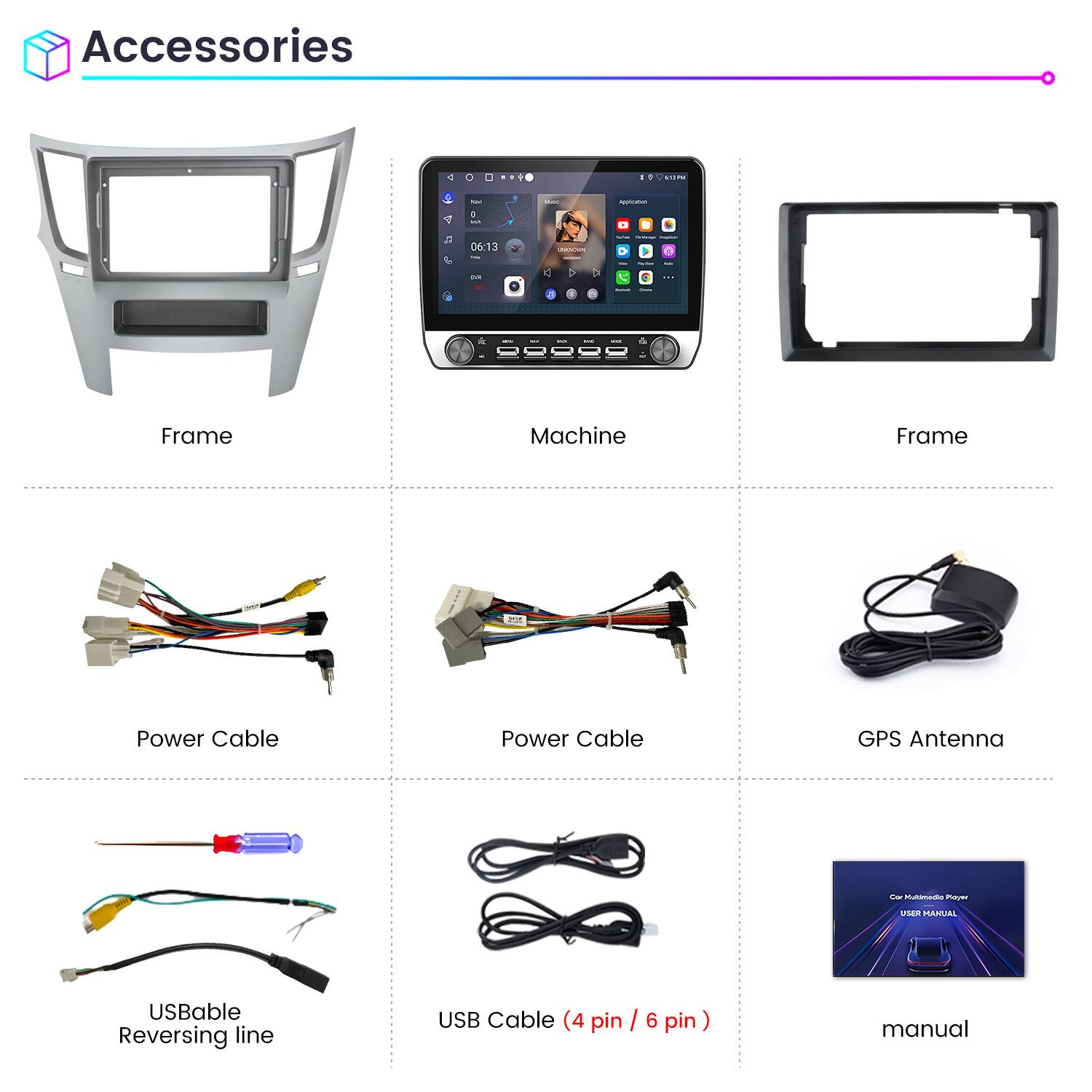 Accessories

- Frame
- Machine
- Frame
- Power Cable
- Power Cable
- GPS Antenna
- USB Cable Reversing line
- USB Cable (4 pin / 6 pin)
- Manual