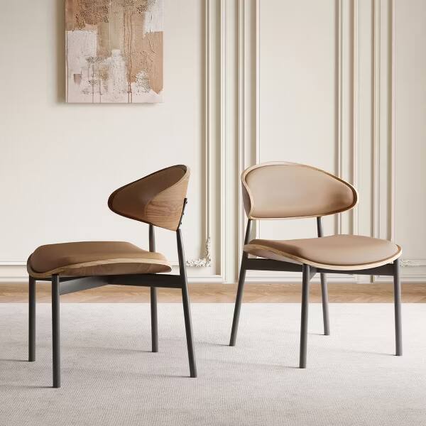 Left. luck idea - Mid-Century Dining Chairs, Curved PU Leather Upholstered Seat Back, Metal Legs Modern Side Chair for Kitchen Dining Room - brown.