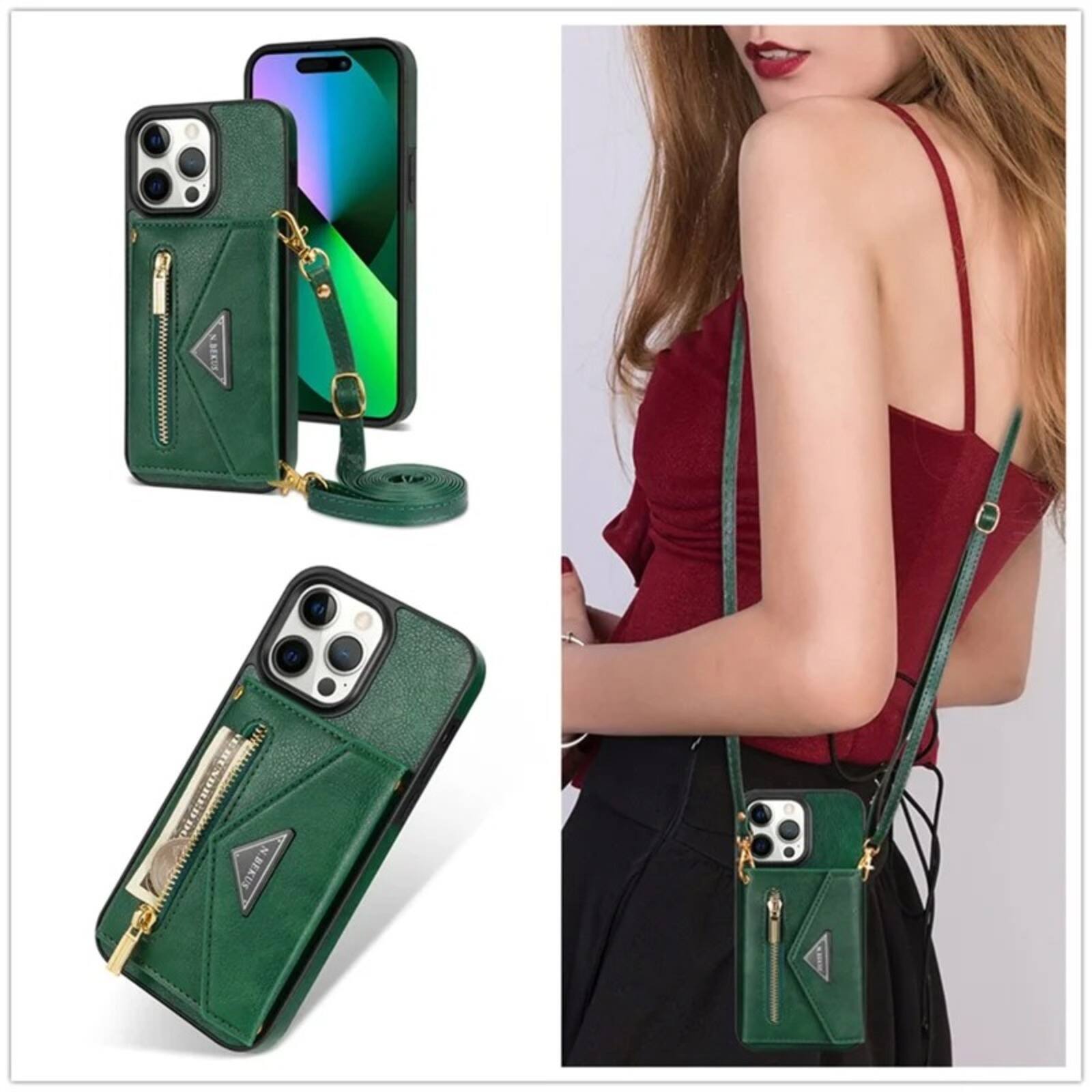 Alt View 7. UUCOVER - Wallet Case for Apple iPhone 16 Pro Max with Card Slots Holder, Zipper Pocket and Shoulder Strap, Flip Kickstand Cover - Green.
