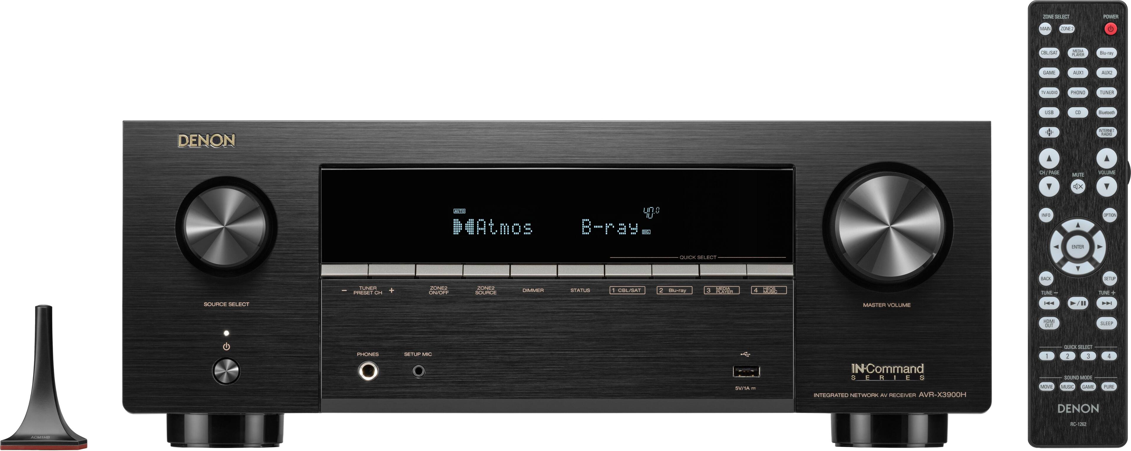 DENON  
IN-Command  
SERIES  
INTEGRATED NETWORK AV RECEIVER  
AVR-X3900H  

Atmos  
B-ray  

SOURCE SELECT  
PHONES  
SETUP MIC  

QUAD SELECT  
1. CD/USB  
2. Blu-ray  
3. HDMI 1  
4. HDMI 2  

MASTER VOLUME  

REMOTE CONTROL  
DENON  
MC-881