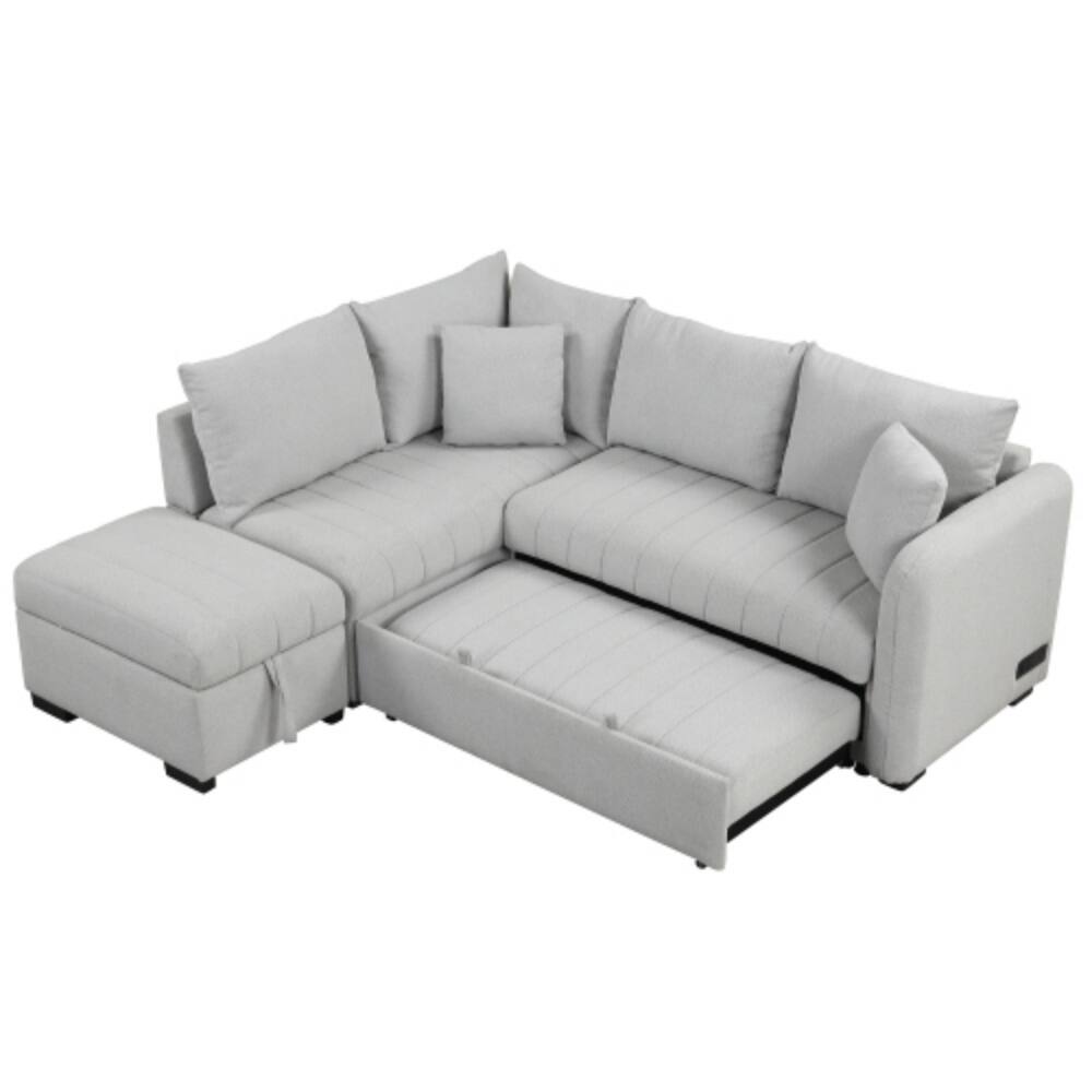 Alt View 5. LUCKY ONE - 82.6" L-Shaped Pull-Out Sleeper Sectional Sofa Bed w/ USB Power Sockets Storage Ottoman - Gray.