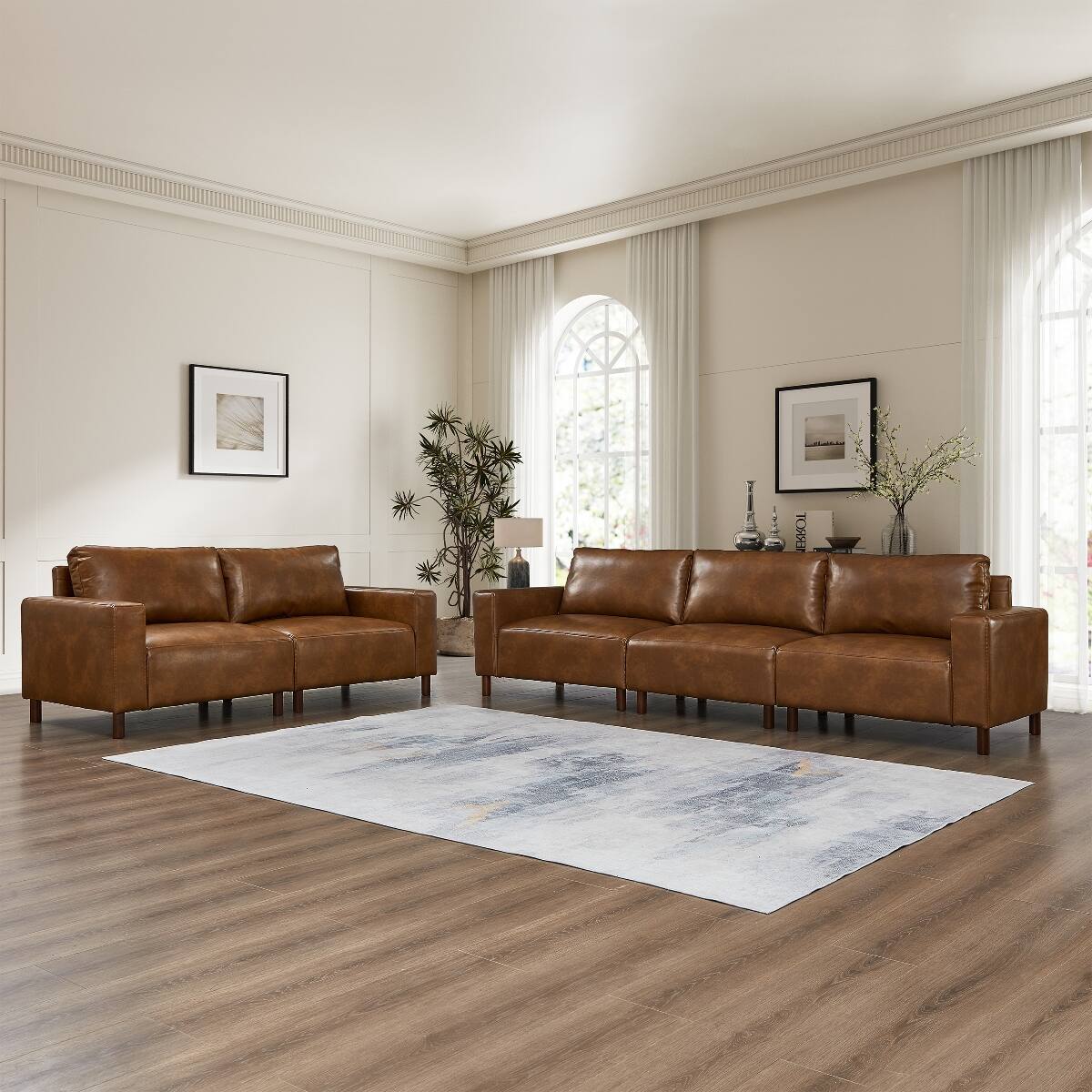 Front. Ropilly - Ropilly Brown Faux Leather Sofa Set, 2 Piece Sofa and Loveseat Set for Living Room and Apartment - Brown.