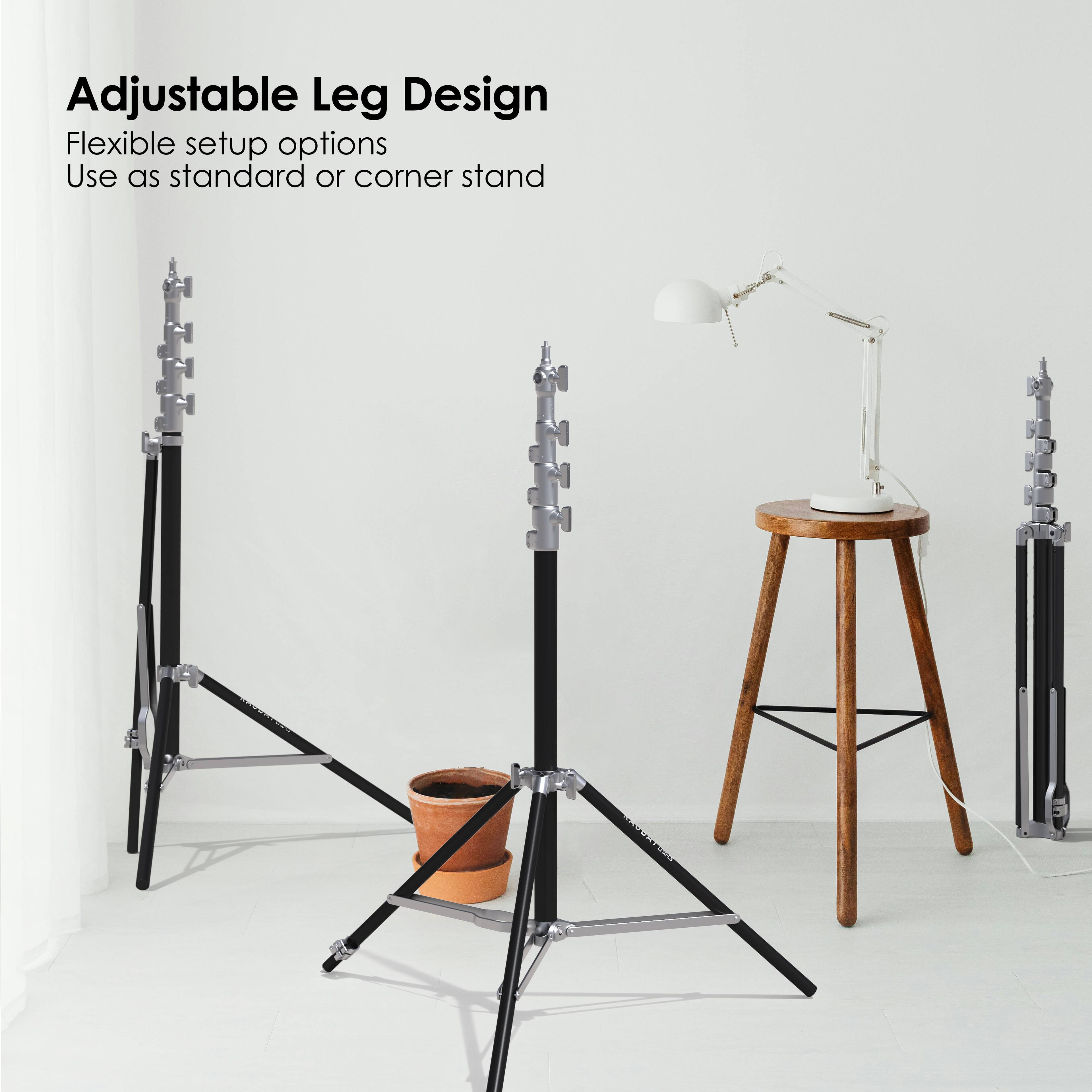 Adjustable Leg Design  
Flexible setup options  
Use as standard or corner stand