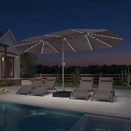 PURPLE LEAF - 15 ft. Patio Market Umbrella with Solar LED and Base Double-Sided Outdoor Table Sun Umbrellas for Pool Deck Backyard - Gray