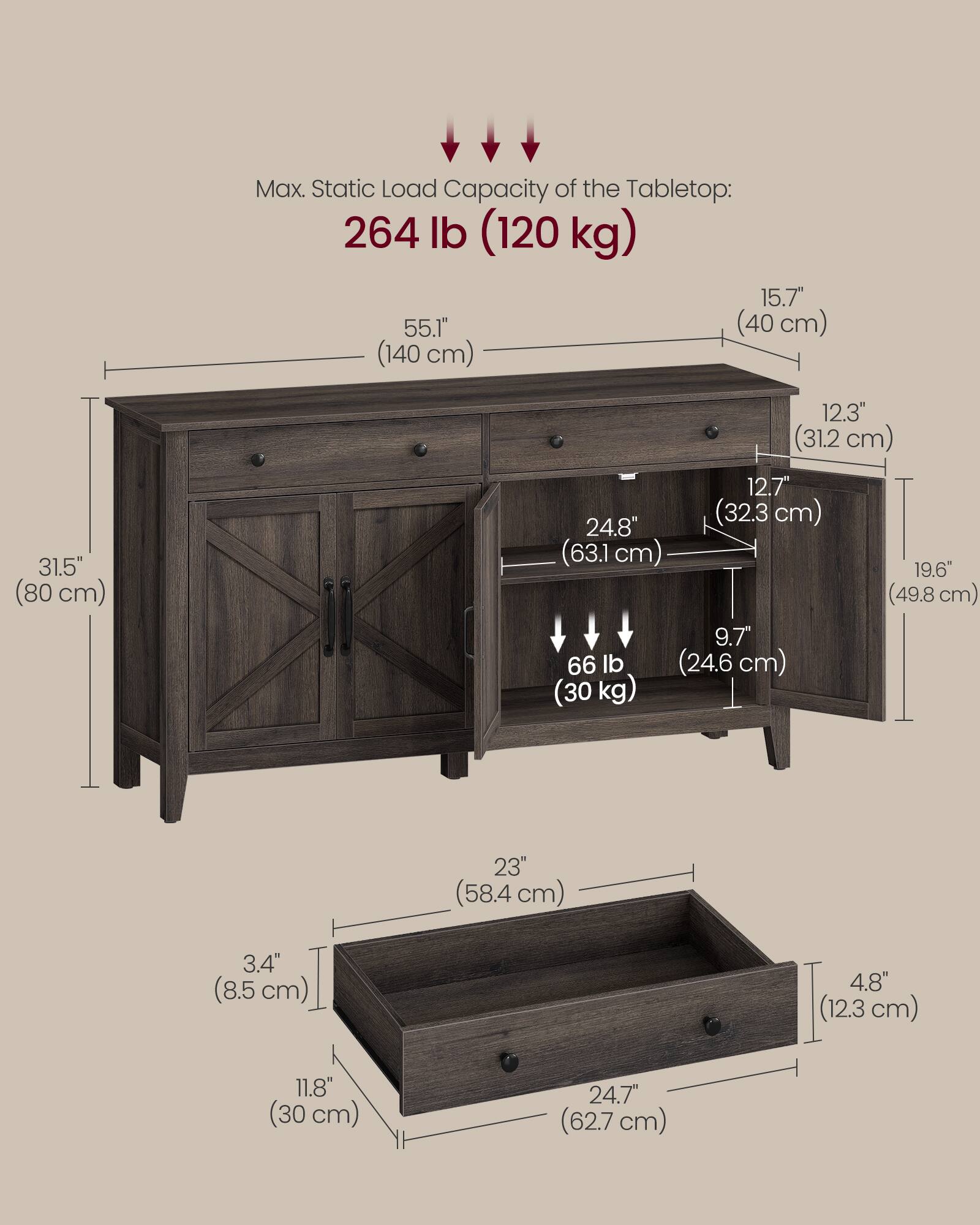 Max. Static Load Capacity of the Tabletop: 264 lb (120 kg)

- 15.7" (40 cm)
- 55.1" (140 cm)
- 31.5" (80 cm)
- 12.3" (31.2 cm)
- 12.7" (32.3 cm)
- 24.8" (63.1 cm)
- 19.6" (49.8 cm)
- 9.7" (24.6 cm) 66 lb (30 kg)
- 23" (58.4 cm)
- 3.4" (8.5 cm)
- 4.8" (12.3 cm)
- 11.8" (30 cm)
- 24.7" (62.7 cm)