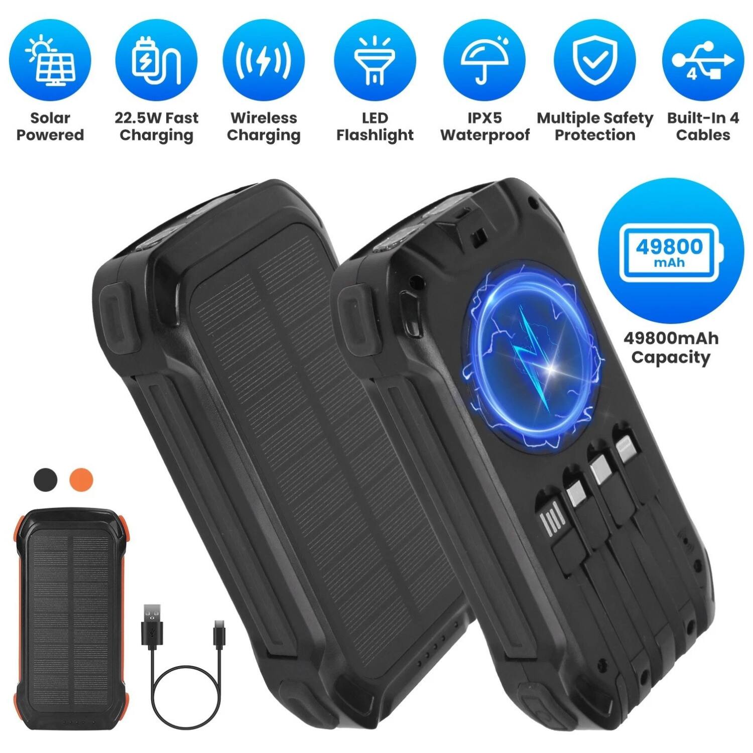 - Solar Powered
- 22.5W Fast Charging
- Wireless Charging
- LED Flashlight
- IPX5 Waterproof
- Multiple Safety Protection
- Built-In 4 Cables
- 49800mAh Capacity