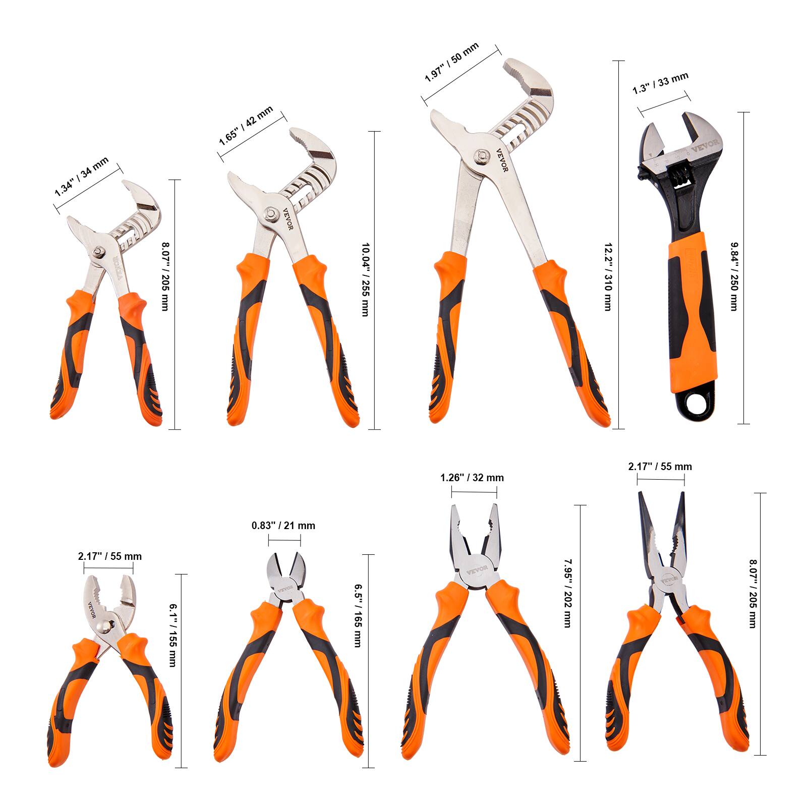 Sure, here is the corrected and grouped text from the image:

1. **1.34" / 34 mm**
   - 8.07" / 205 mm

2. **1.65" / 42 mm**
   - 10.04" / 255 mm

3. **1.97" / 50 mm**
   - 12.2" / 310 mm

4. **1.3" / 33 mm**
   - 9.84" / 250 mm

5. **1.26" / 32 mm**
   - 8.07" / 205 mm

6. **2.17" / 55 mm**
   - 0.83" / 21 mm

7. **6.1" / 155 mm**

8. **6.5" / 165 mm**

9. **7.95" / 202 mm**

10. **8.07" / 205 mm**

11. **2.17" / 