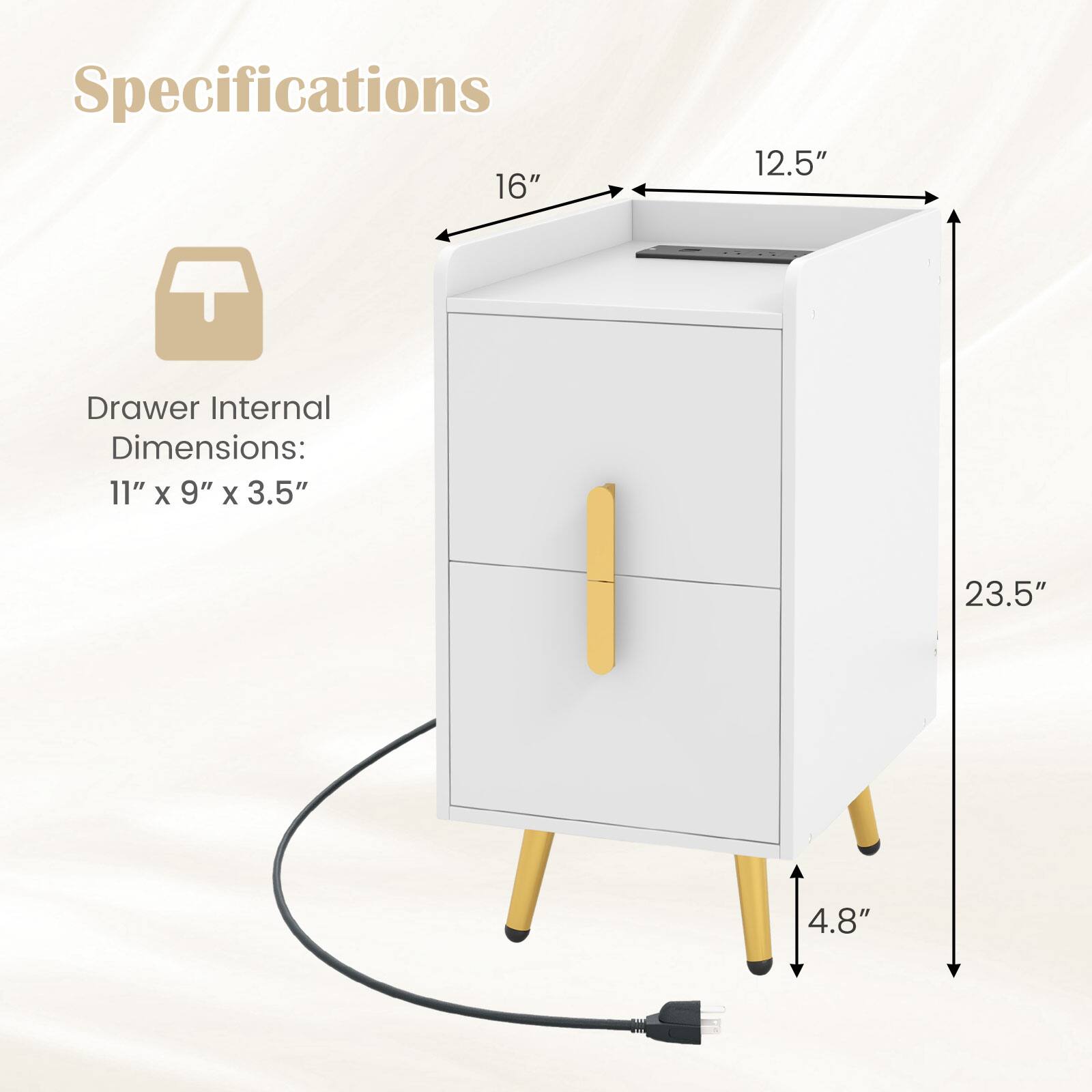Specifications:

- Drawer Internal Dimensions: 11" x 9" x 3.5"
- Overall Dimensions: 16" x 12.5" x 23.5"
- Height of the legs: 4.8"