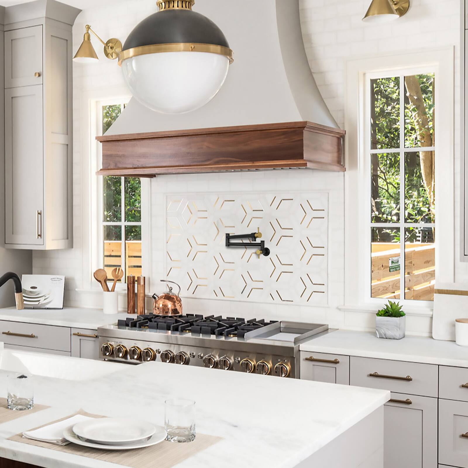 Alt View 7. Akicon - Akicon Solid Brass Wall-Mounted Pot Filler Kitchen Faucet with Two Joint Swing Arms in Matte Black & Brushed Gold - Matte Black & Brushed Gold.