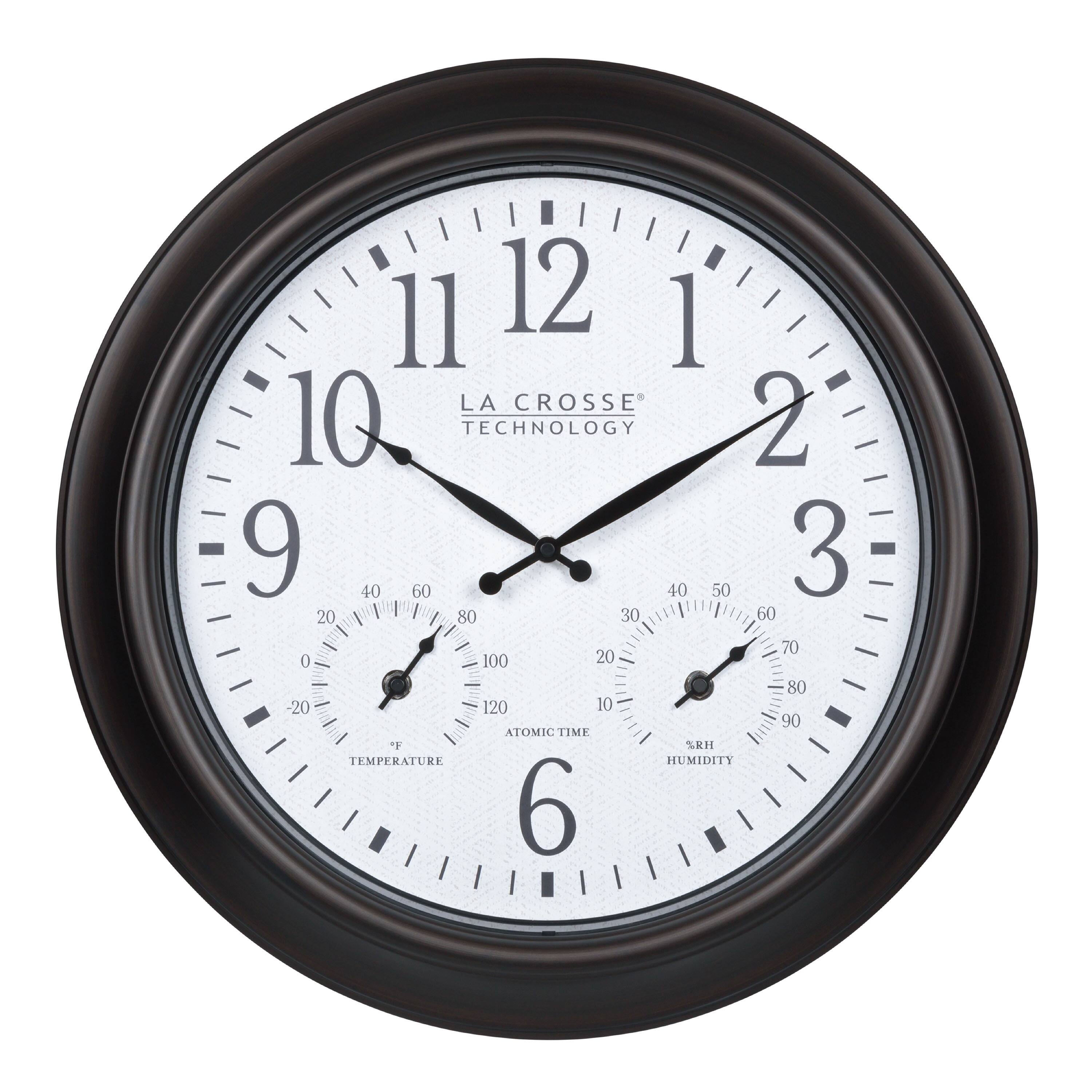 La Crosse Technology - 18 Inch Indoor/Outdoor Atomic Analog Wall Clock with Temp and Humidity - Brown