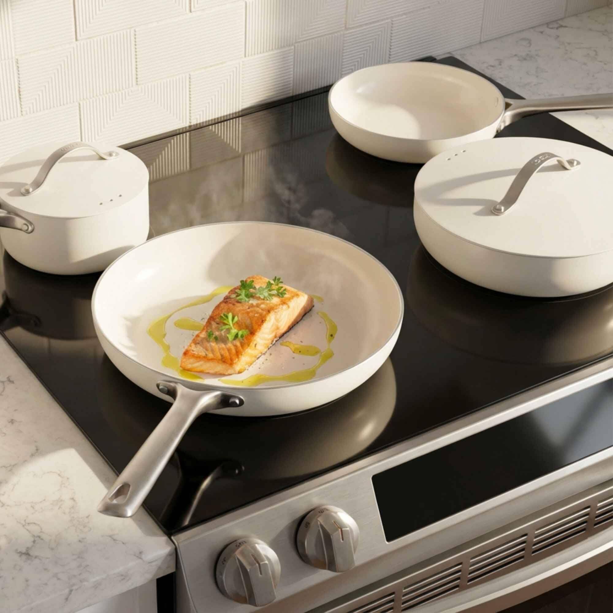 Angle. Alva - Alva Mobi 8-Piece Ceramic Nonstick Cookware Set – Toxic-Free, Oven Safe - Cannoli Cream.
