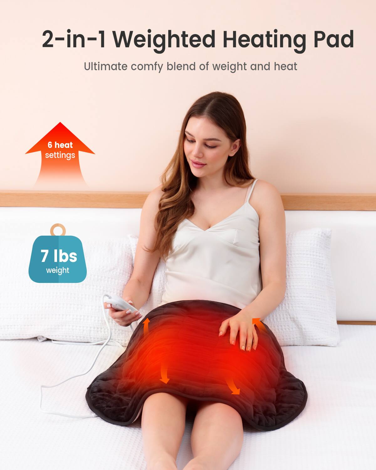 2-in-1 Weighted Heating Pad  
Ultimate comfy blend of weight and heat  

6 heat settings  
7 lbs weight
