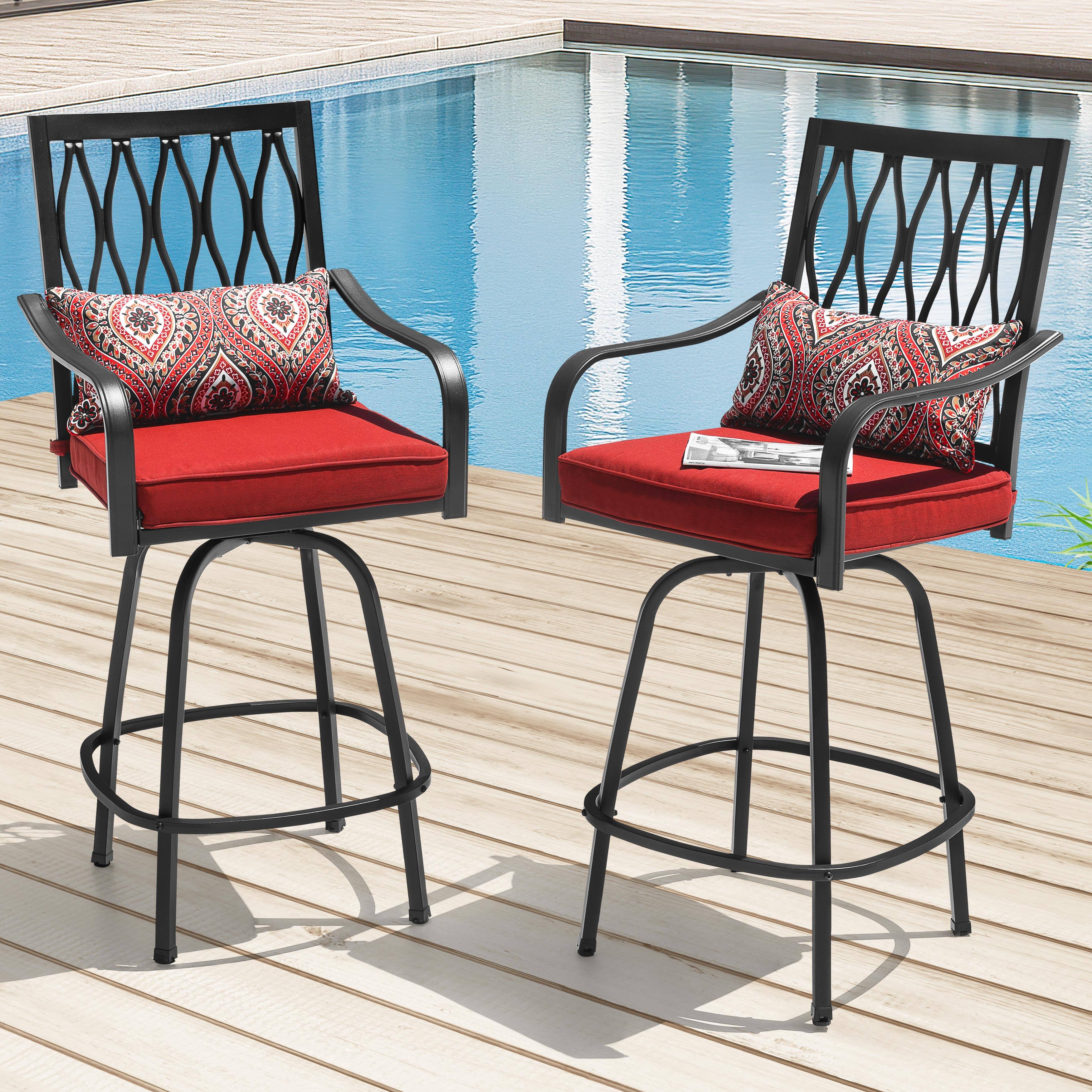 Left. Nuu Garden - Black 2-Piece Swivel Metal Outdoor Bar Stools with Red Cushions, Square-to-Round Footrest Design - Black and Red.