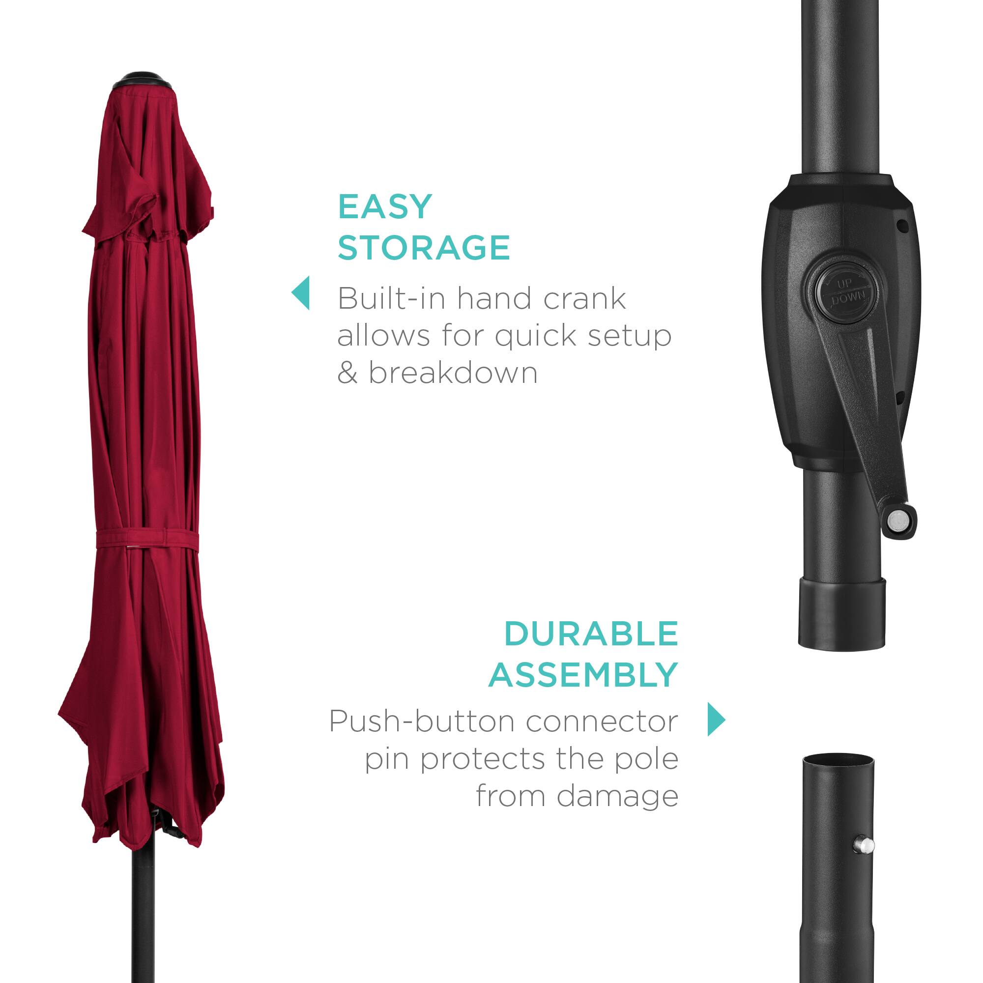 EASY STORAGE  
Built-in hand crank allows for quick setup & breakdown  

DURABLE ASSEMBLY  
Push-button connector pin protects the pole from damage