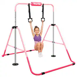 Hurtle - Expandable Gymnastics Bar for Kids, Adjustable Height Foldable Pull-Up Bar with Rings, 145 lb Capacity - Pink