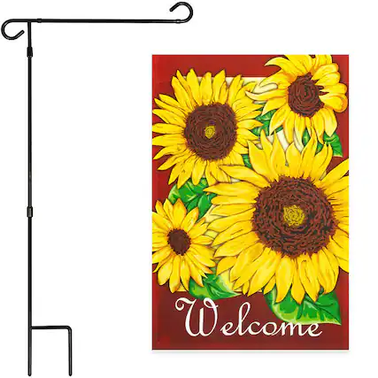 Front. G128 - Combo Pack: 36 x 16 in Garden Flag Stand with 12 x 18 in Welcome Four Sunflowers Garden Flag. - Assorted Colors.
