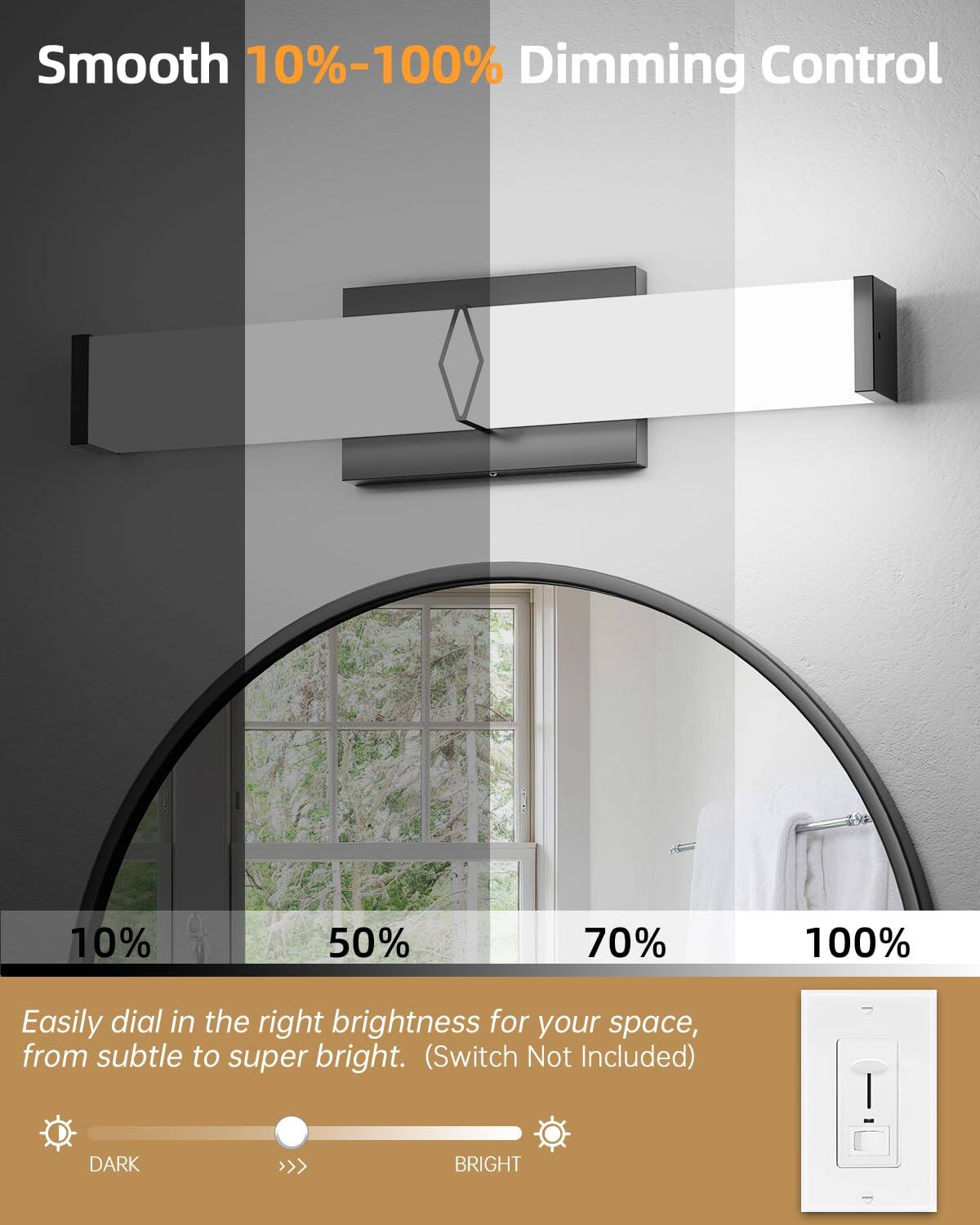 Smooth 10%-100% Dimming Control

Easily dial in the right brightness for your space, from subtle to super bright. (Switch Not Included)

10% 50% 70% 100%

DARK >>> BRIGHT