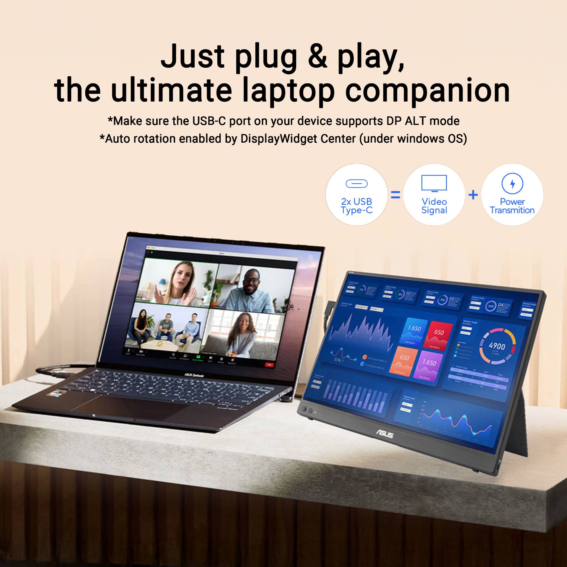 Just plug & play, the ultimate laptop companion

*Make sure the USB-C port on your device supports DP ALT mode
*Auto rotation enabled by DisplayWidget Center (under windows OS)

2x USB Type-C = Video Signal + Power Transmission

1.650 650 650 1.650 4900 ASUS