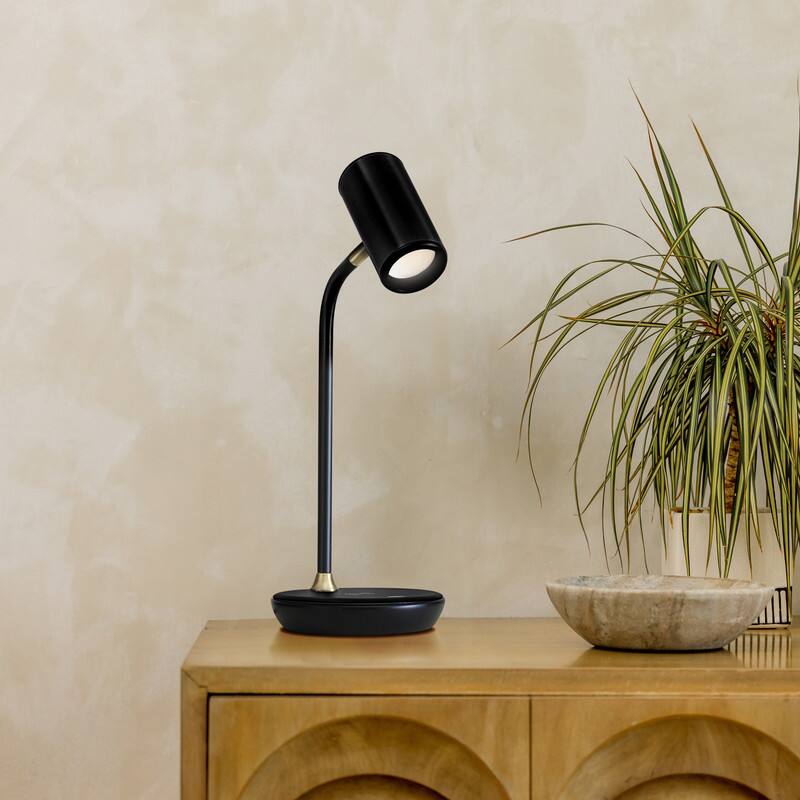 Alt View 5. Brightech - Ezra LED Modern Industrial Arc Dimmable Bedside Nightstand Desk Lamp with Wireless Charging Pad - Classic Matte Black.