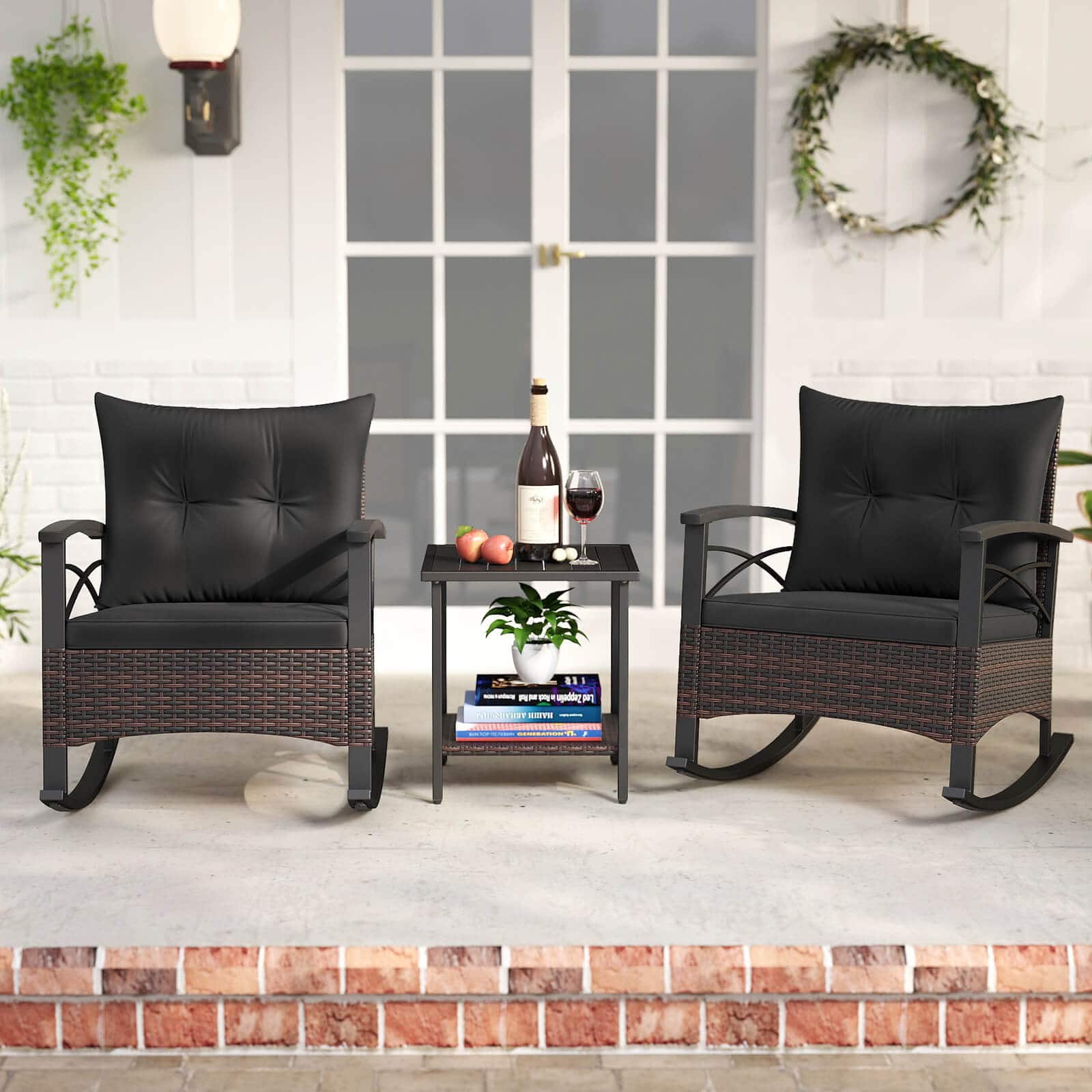 Costway - 3 PCS Rattan Rocking Chair Set with Acacia Wood Tabletop Armrests for Porch, Balcony - Mix Brown + Black