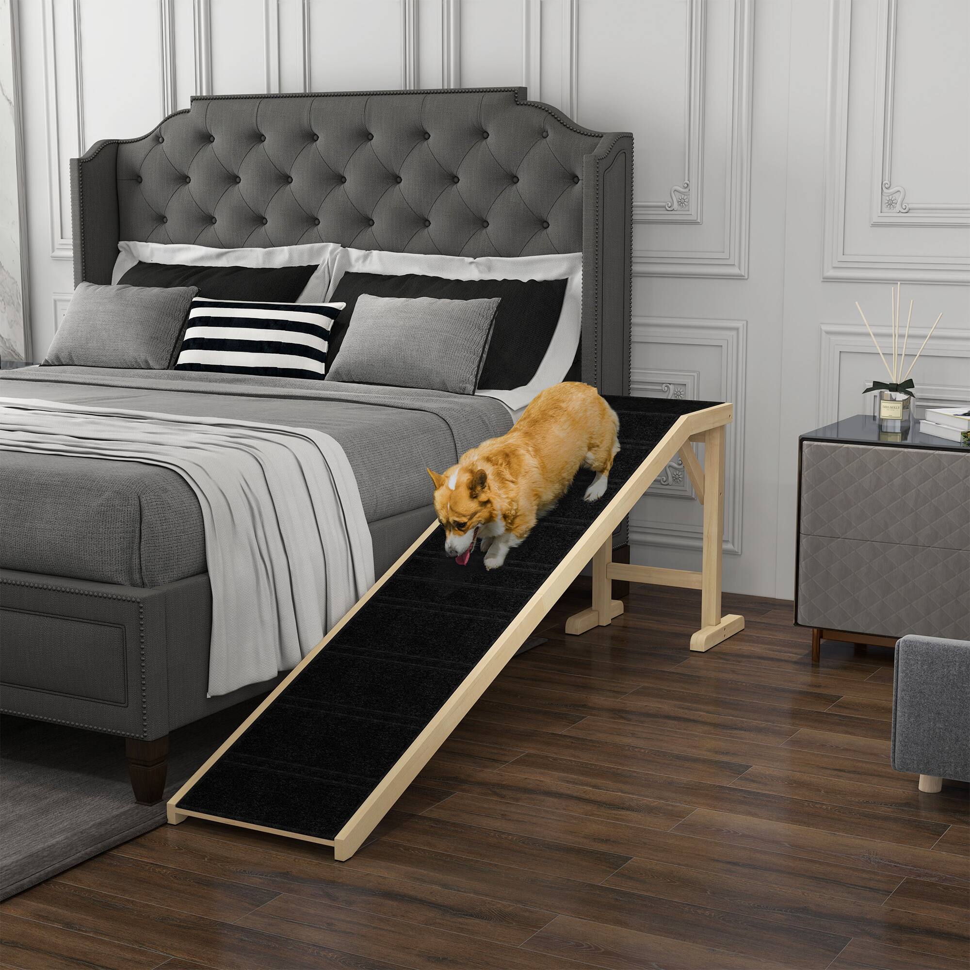 Alt View 1. Pawhut - Ramp for Bed, Pet Ramp for Dogs with Non-Slip Carpet and Top Platform - Natural Wood.