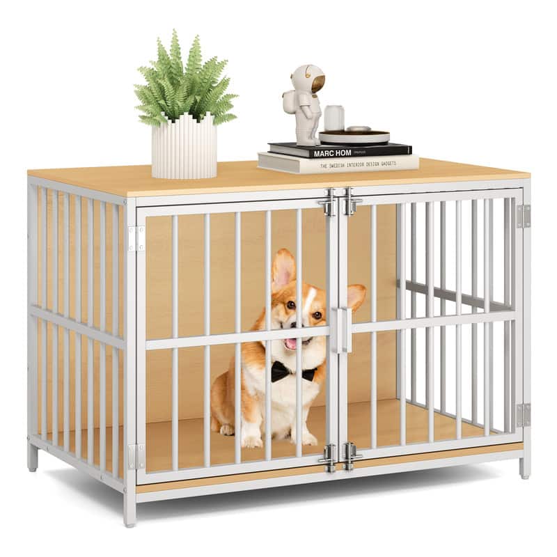 WELLFOR - 40 in Dog Crate Furniture with Dual Lockable& Double Doors, Metal Dog House for Small and Medium Dogs - Natural