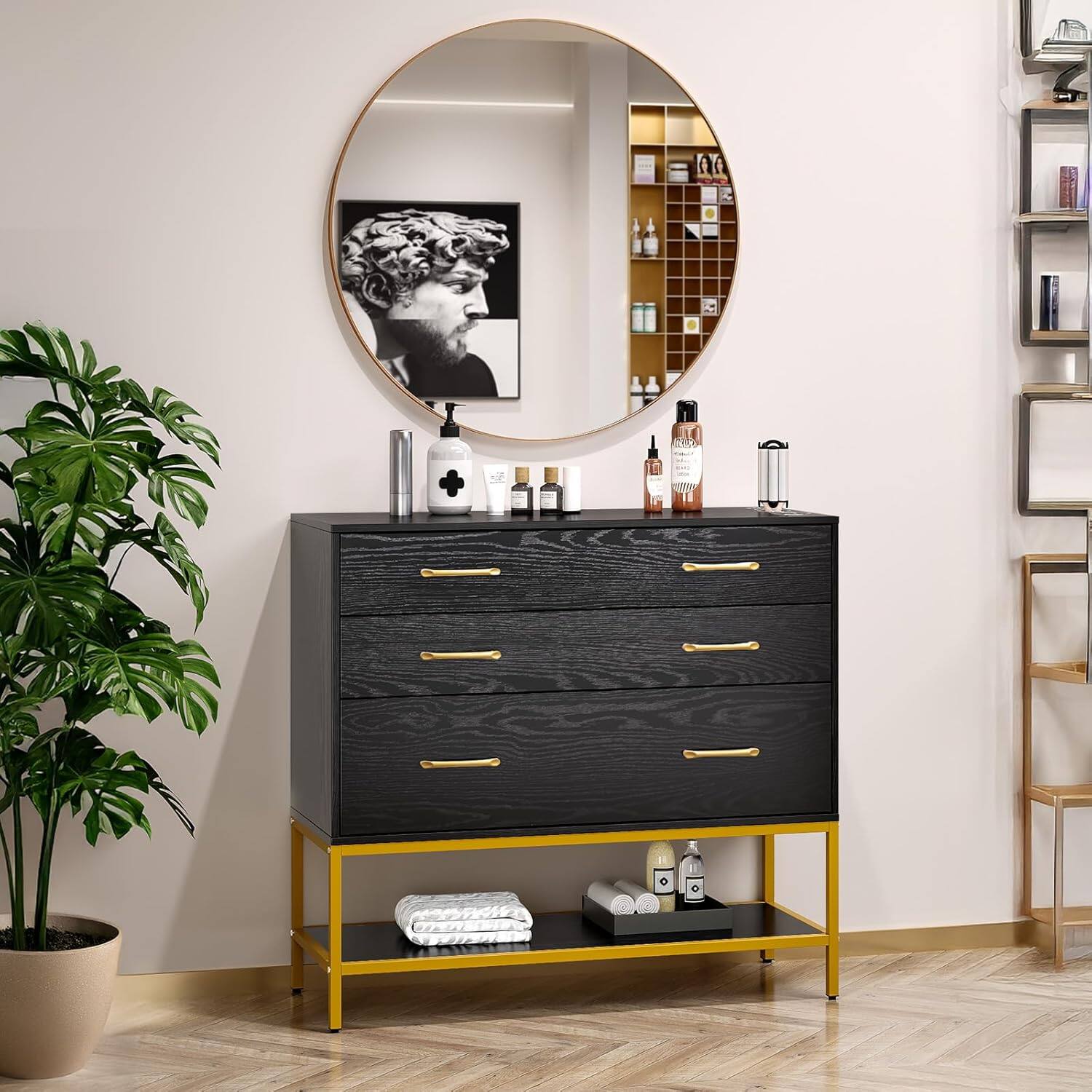 Angle. Winado - Salon Station Freestanding Hair Stylist Cabinet with Mirror, 3 Drawers, Shelf & Tool Holders for Bedroom Bathroom Spas - Black & Gold.