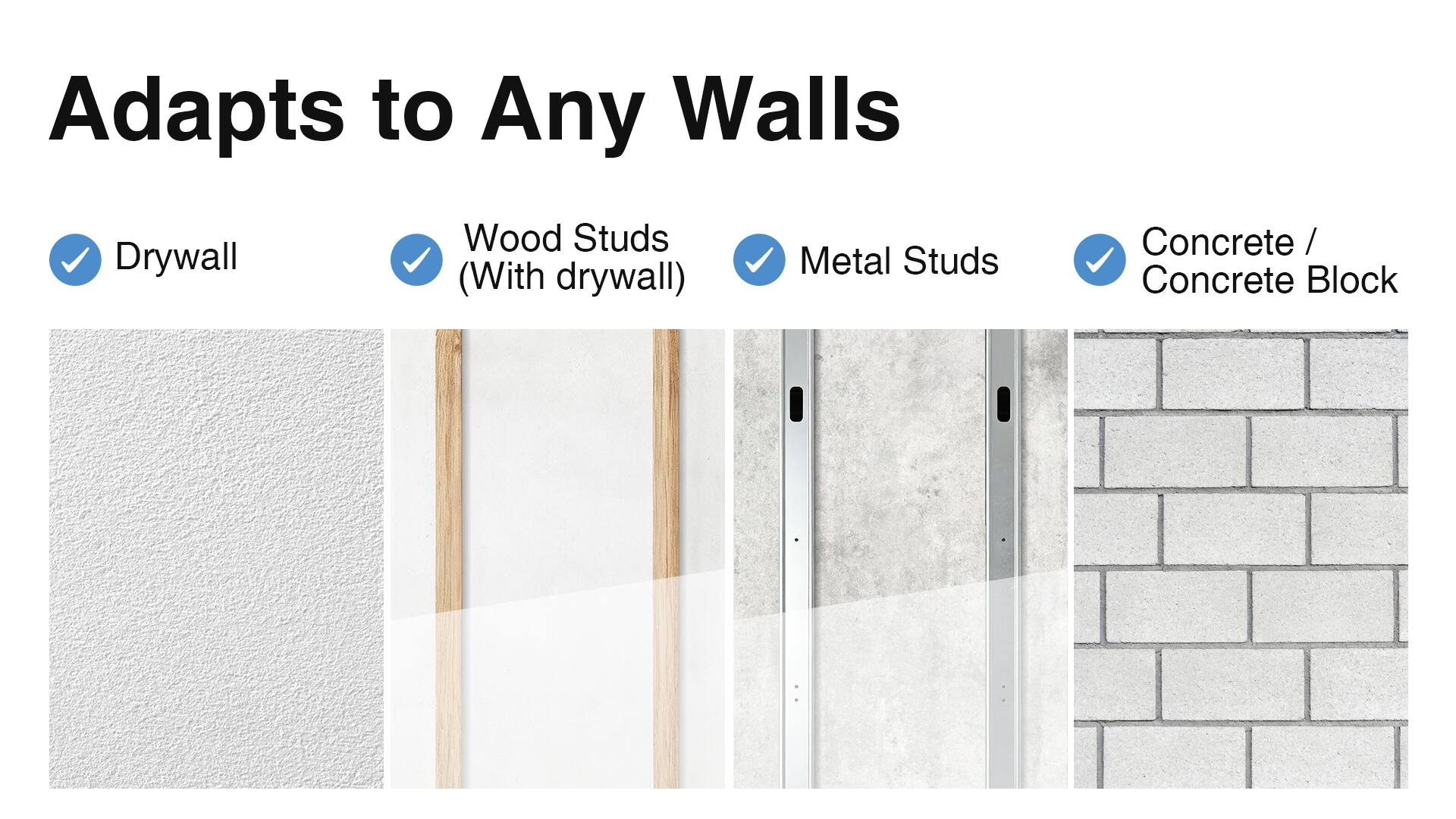 Adapts to Any Walls

- Drywall
- Wood Studs (With drywall)
- Metal Studs
- Concrete / Concrete Block