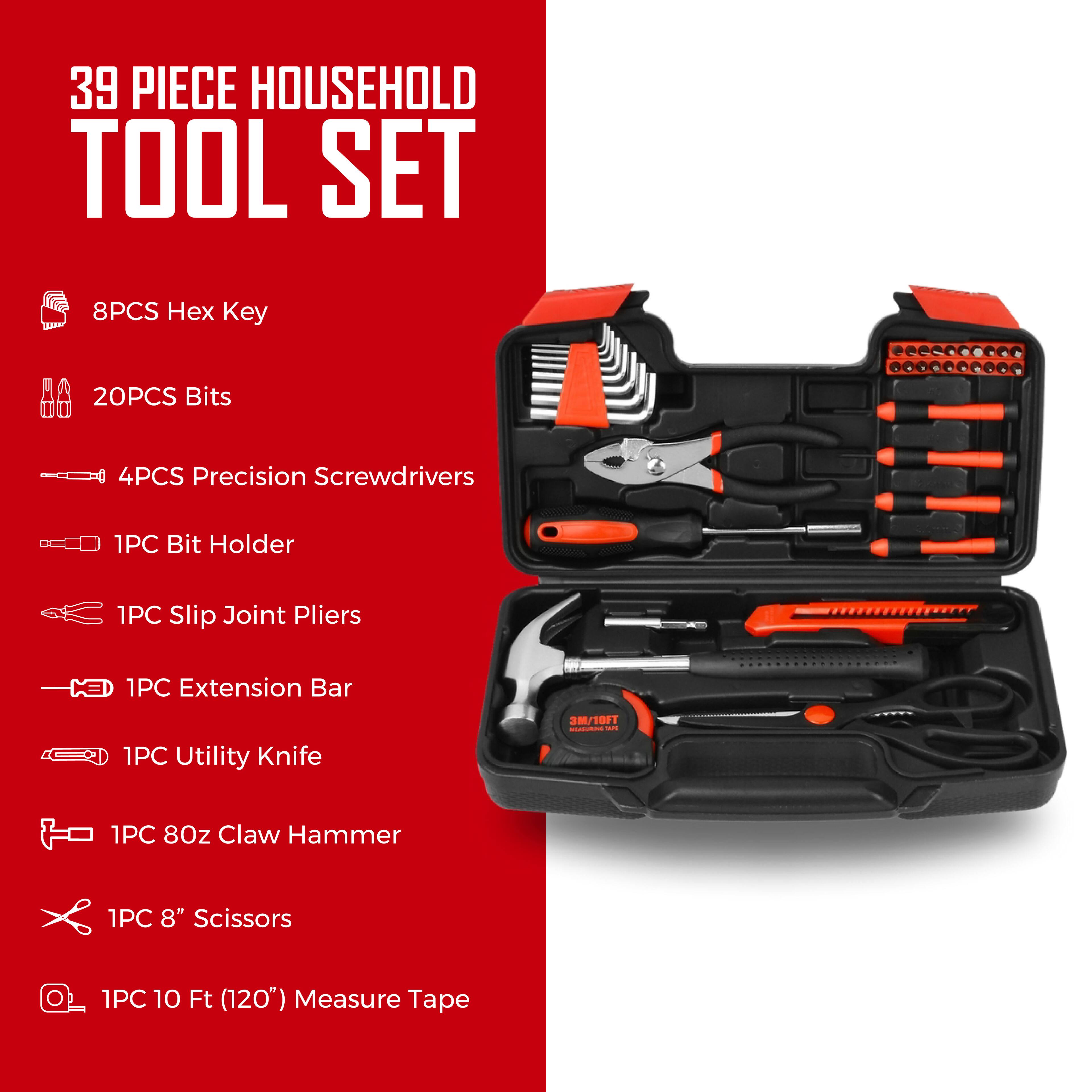 39 PIECE HOUSEHOLD TOOL SET

- 8PCS Hex Key
- 20PCS Bits
- 4PCS Precision Screwdrivers
- 1PC Bit Holder
- 1PC Slip Joint Pliers
- 1PC Extension Bar
- 1PC Utility Knife
- 1PC 8oz Claw Hammer
- 1PC 8" Scissors
- 1PC 10 Ft (120") Measure Tape