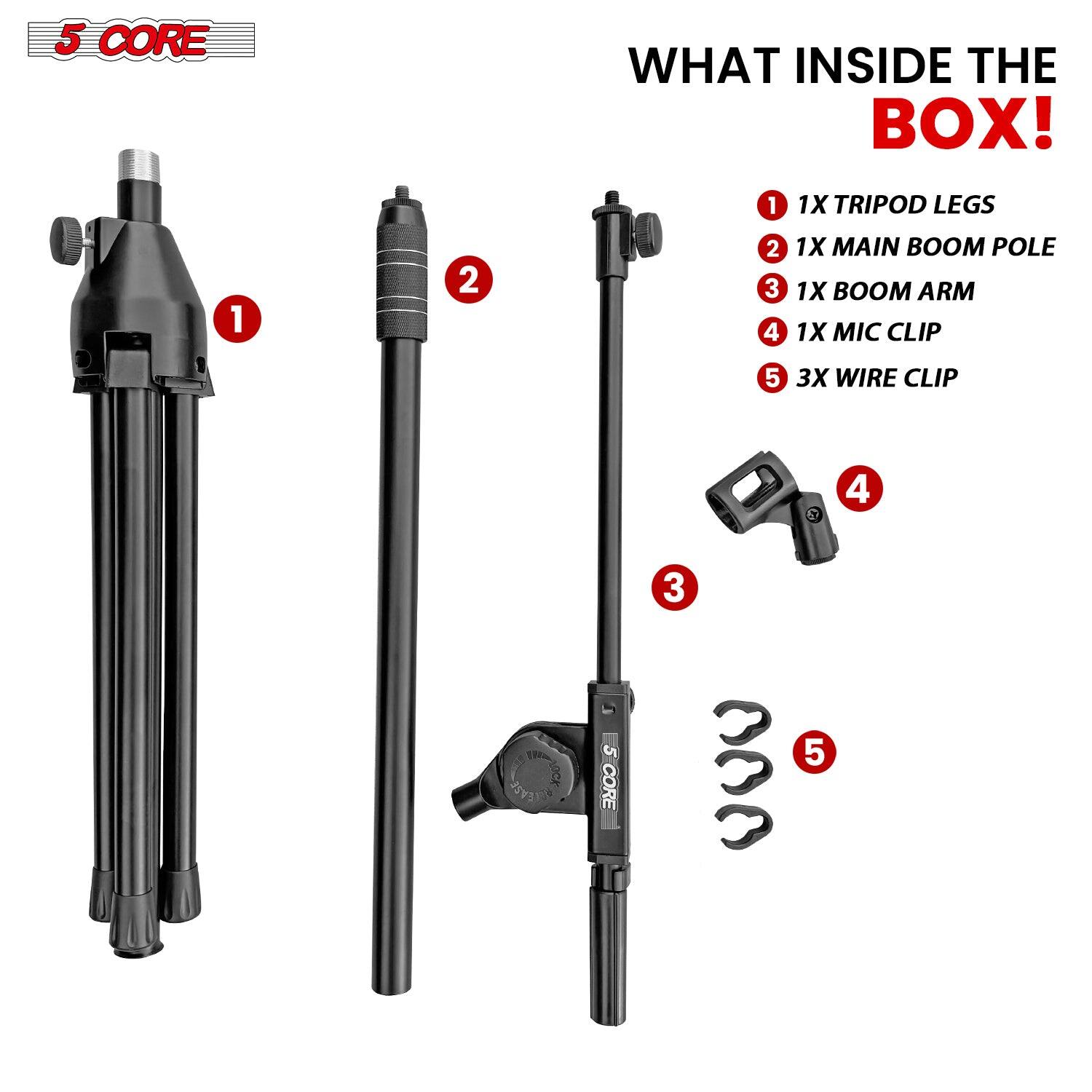 5 CORE
WHAT INSIDE THE BOX!
1 1X TRIPOD LEGS
2 1X MAIN BOOM POLE
3 1X BOOM ARM
4 1X MIC CLIP
5 3X WIRE CLIP