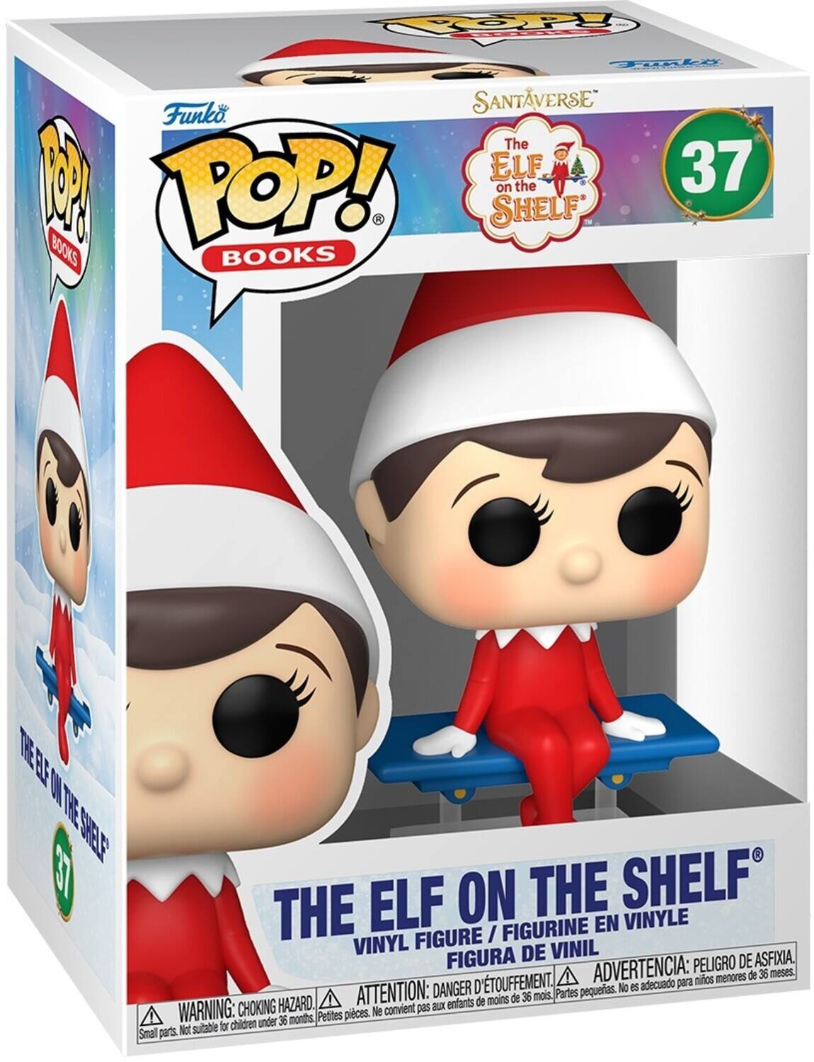 Sure, here is the corrected and grouped text from the image:

---

**Funko POP! Books**

**SANTÄVERSE**

**The Elf on the Shelf**

**37**

**THE ELF ON THE SHELF®**

**VINYL FIGURE / FIGURINE EN VINYLE / FIGURA DE VINIL**

**WARNING: CHOKING HAZARD. Small parts. Not suitable for children under 36 months.**

**ATTENTION: DANGER. Petites pièces. Ne convient pas aux enfants de moins de 36 mois.**

**ADVERTENCIA: PELIGRO DE ASFIXIA. No es adecuado para niños menores de 36 meses.**

---

This text is organized to reflect the information on the packaging.