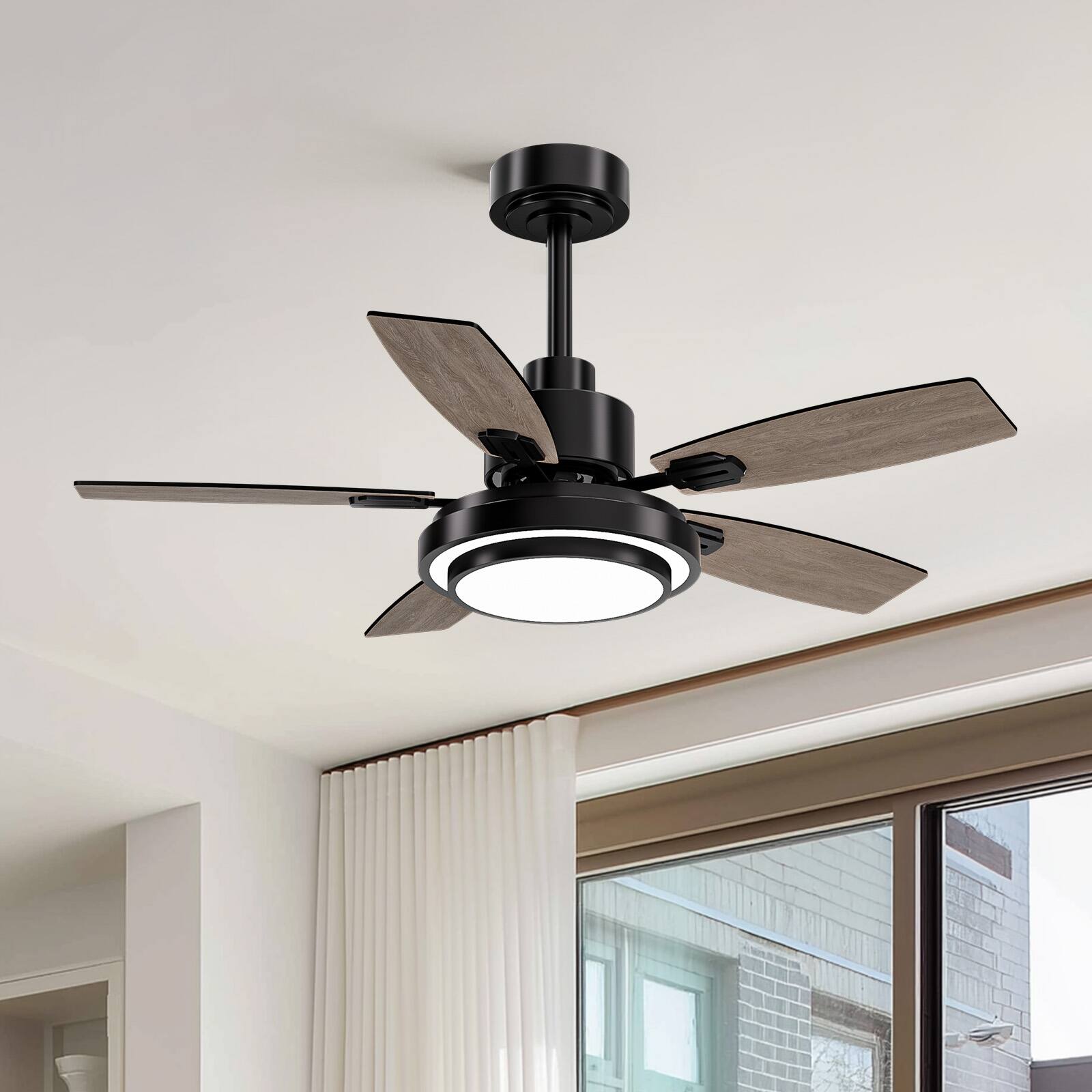 Angle. Siljoy - 42 Inch Black Flush Mount Ceiling Fan with LED Lights, Remote, Reversible DC Motor,  Timer – for Bedroom & Living Room - Black.