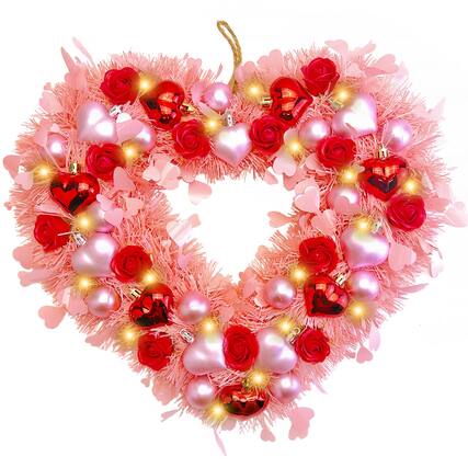 Front. Frangdom - Valentine Heart Wreath LED Roses Tinsel Door Window Wedding Decor - pink red rose 15".
