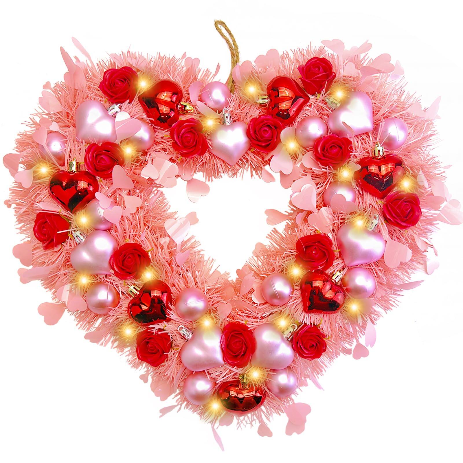 Front. Frangdom - Valentine Heart Wreath LED Roses Tinsel Door Window Wedding Decor - pink red rose 15".