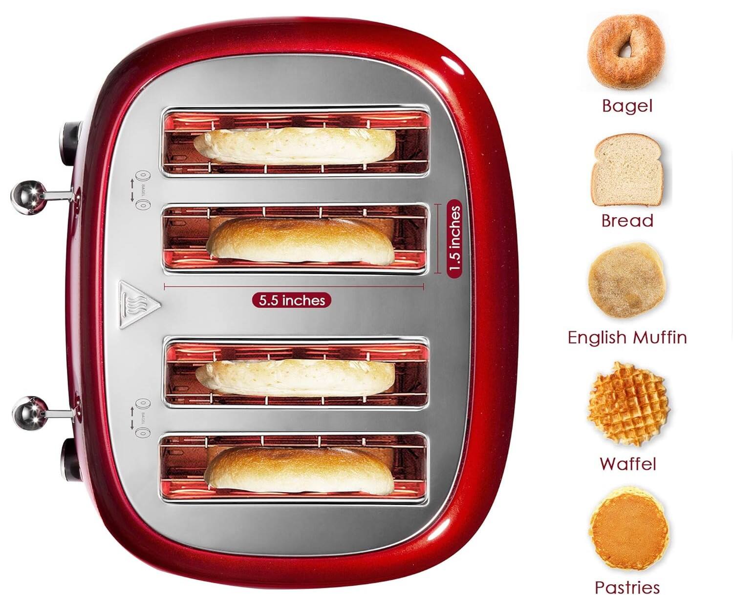 Bagel: 1.5 inches  
Bread: 5.5 inches  
English Muffin  
Waffle  
Pastries