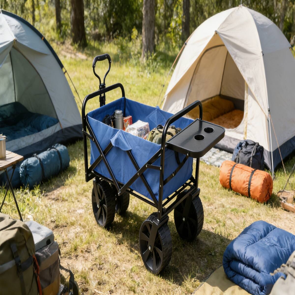 Left. Loheer - Loheer Folding Garden Wagon, Blue Collapsible Steel Utility Cart with 150 lb Capacity.
