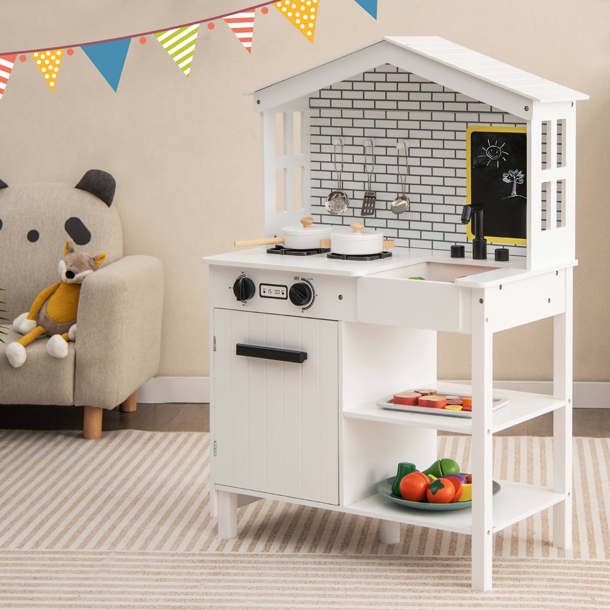 Alt View 1. Costway - Costway Kids Farmhouse Kitchen Play Set Wooden Pretend Toy with Storage & Accessories - White.