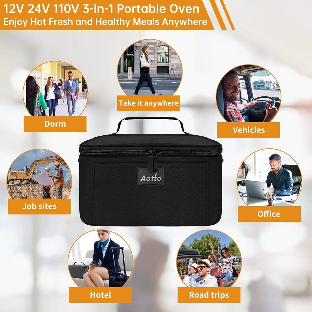 12V 24V 110V 3-in-1 Portable Oven  
Enjoy Hot Fresh and Healthy Meals Anywhere  

Take it anywhere  

Dorm  
Vehicles  
Job sites  
Office  
Hotel  
Road trips