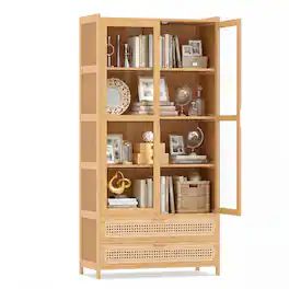 Costway - 54.5" Bamboo Bookshelf with 2 Acrylic Doors, 4 Shelves & 2 Drawers for Living Room - Natural