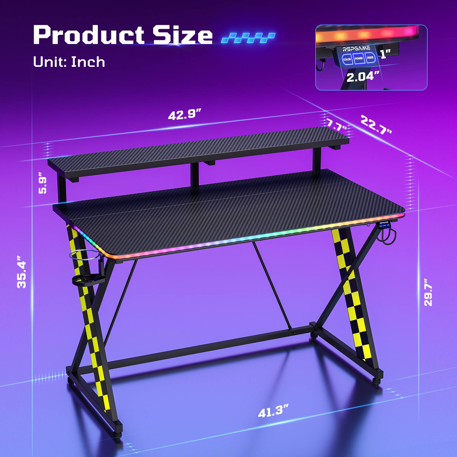 Product Size  
Unit: Inch  

- Length: 42.9"  
- Width: 22.7"  
- Height: 5.9"  
- Depth: 35.4"  
- Diagonal: 41.3"  

Monitor Size: 2.04"