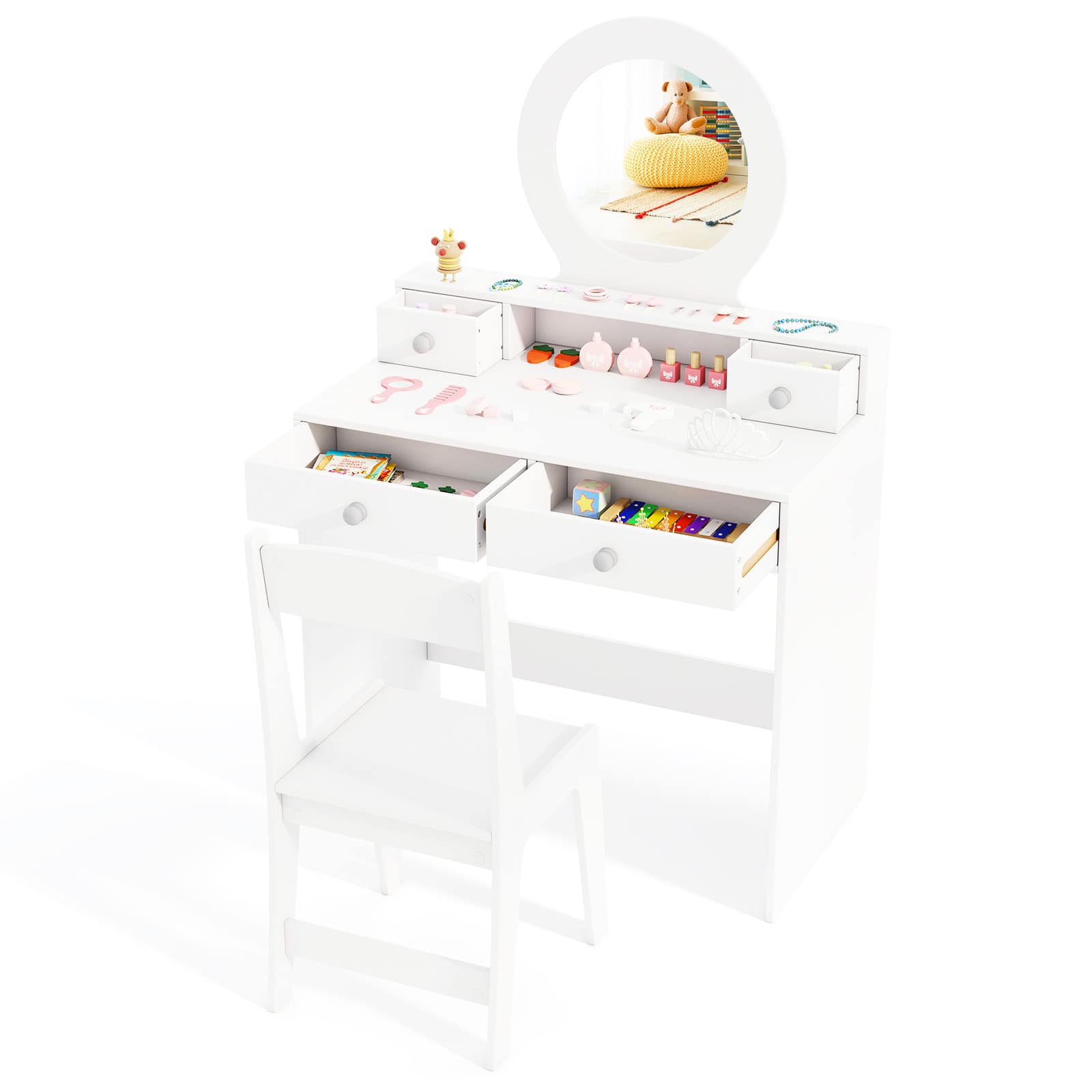 Gymax - Kids Vanity Set Desk & Chair Set w/ Mirror Open Shelf & 4 Storage Drawers - White