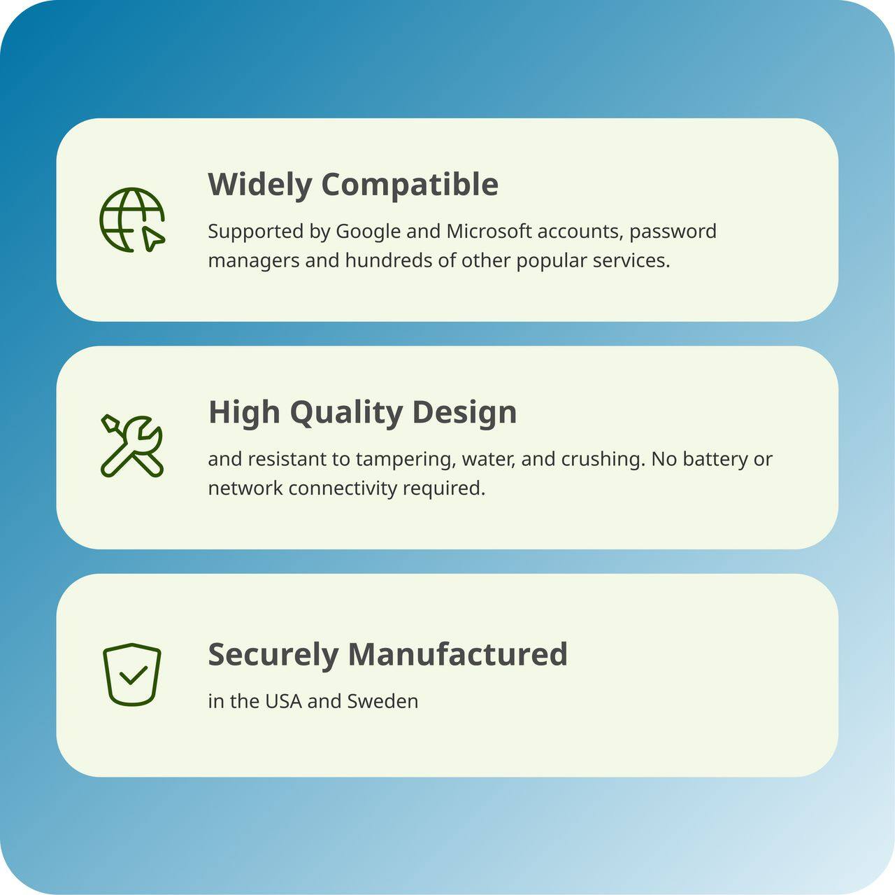 Widely Compatible: Supported by Google and Microsoft accounts, password managers, and hundreds of other popular services.

High Quality Design: Resistant to tampering, water, and crushing. No battery or network connectivity required.

Securely Manufactured: In the USA and Sweden.