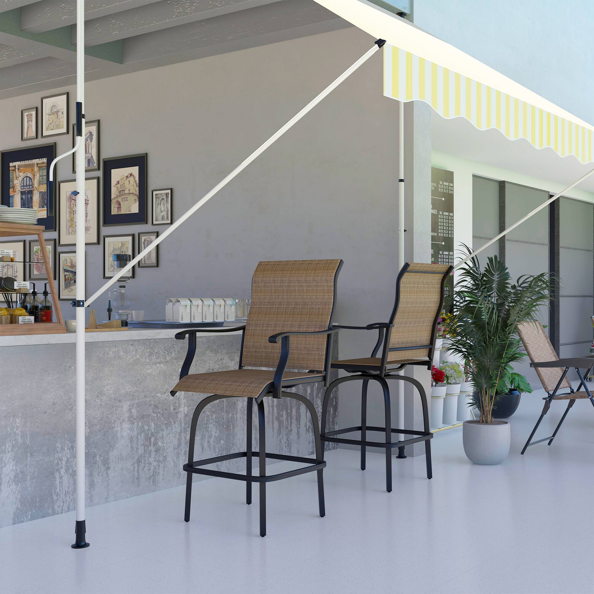 Alt View 8. Outsunny - Set of 2 Outdoor Swivel Bar Stools with Armrests, Bar Height Patio Chairs with Steel Frame for Balcony, Poolside - Brown.