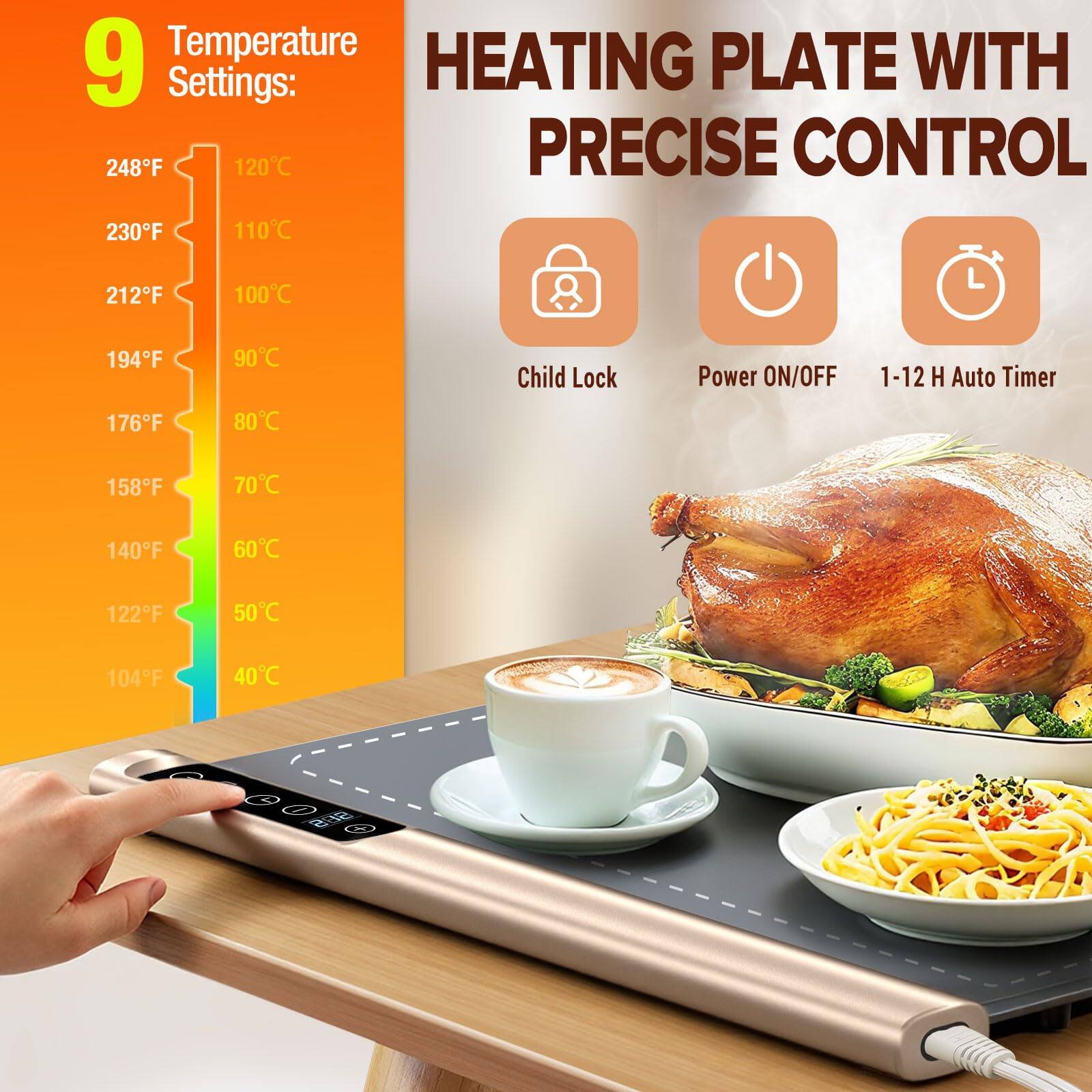 9 Temperature Settings:  
248°F 120°C  
230°F 110°C  
212°F 100°C  
194°F 90°C  
176°F 80°C  
158°F 70°C  
140°F 60°C  
122°F 50°C  
104°F 40°C  

HEATING PLATE WITH PRECISE CONTROL  
Child Lock  
Power ON/OFF  
1-12 H Auto Timer