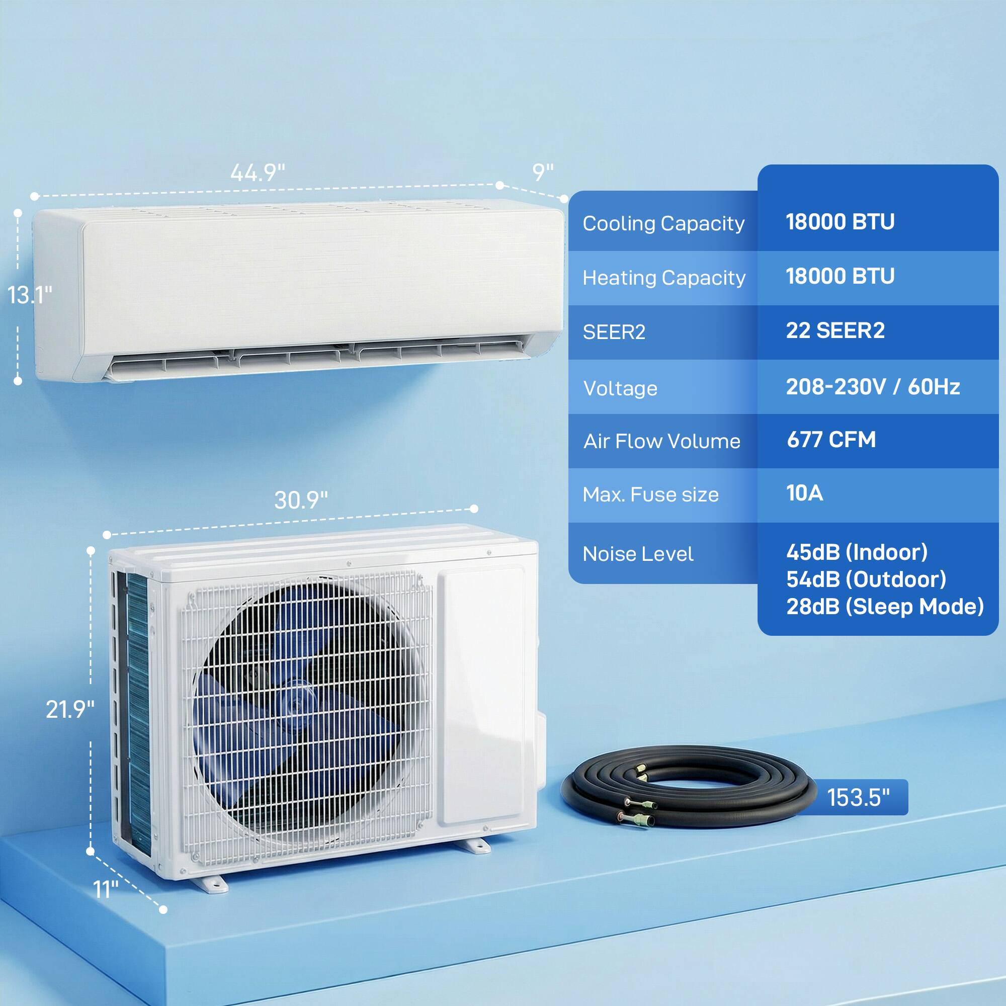 - Cooling Capacity: 18000 BTU
- Heating Capacity: 18000 BTU
- SEER2: 22 SEER2
- Voltage: 208-230V / 60Hz
- Air Flow Volume: 677 CFM
- Max. Fuse size: 10A
- Noise Level: 45dB (Indoor), 54dB (Outdoor), 28dB (Sleep Mode)

Dimensions:
- Indoor Unit: 44.9" (width) x 13.1" (height) x 9" (depth)
- Outdoor Unit: 30.9" (width) x 21.9" (height) x 11" (depth)
- Pipe Length: 153.5"