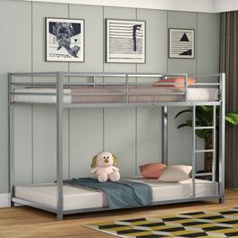 Gymax - Twin Bunk Bed Twin Over Frame Platform W/ Guard Rails & Side Ladder - Silver