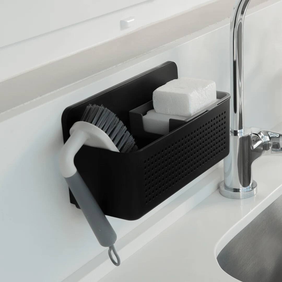 Left. OU - Kitchen Sink Organizer Set, Wall Mounted Caddy with Removable Sponge Tray & Scrub Brush.