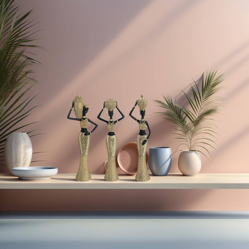 Alt View 3. Refined Abode Design - Women Water Pot Trio Statue - Golden Textured Sculptures Set Of 3 Traditional Daily Life Figurines For Home.
